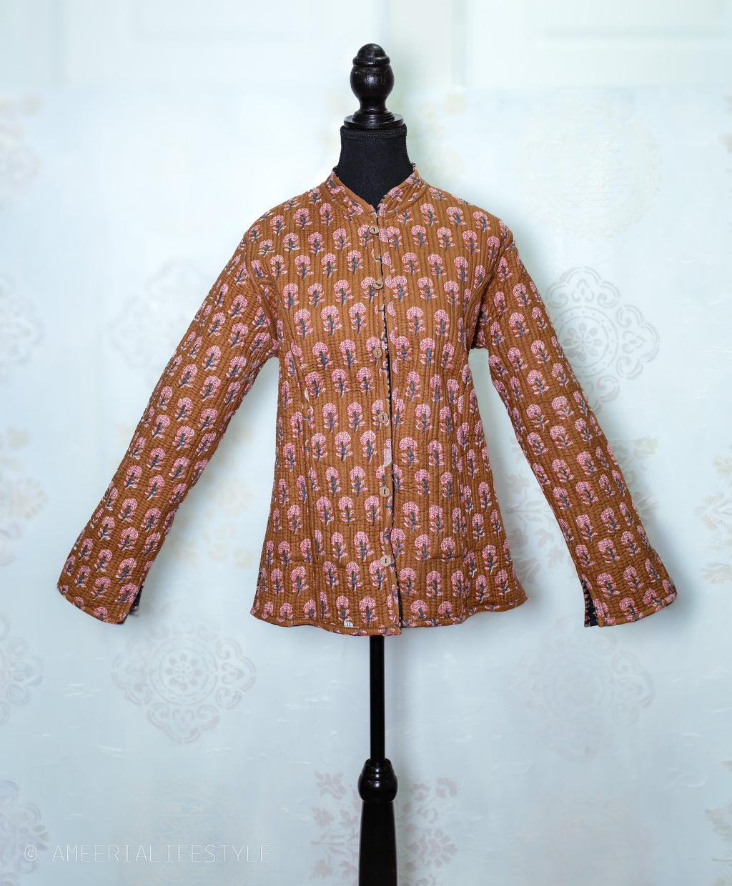 Cotton Quilted Reversible Spring/Fall Jacket - Short/Mid - Caramel & Black Hand Block Print