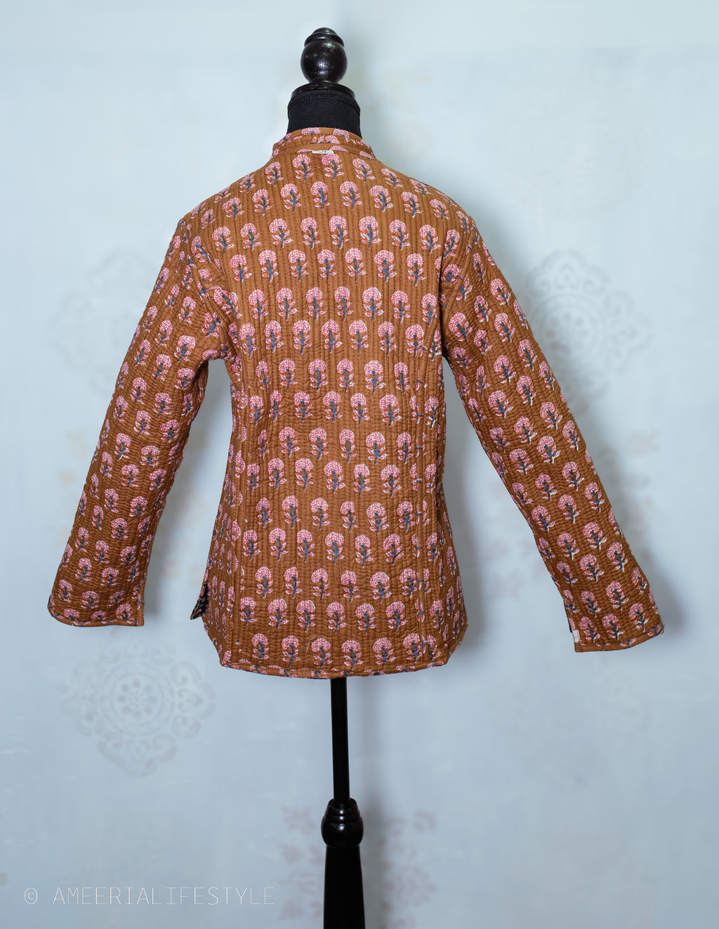 Cotton Quilted Reversible Spring/Fall Jacket - Short/Mid - Caramel & Black Hand Block Print