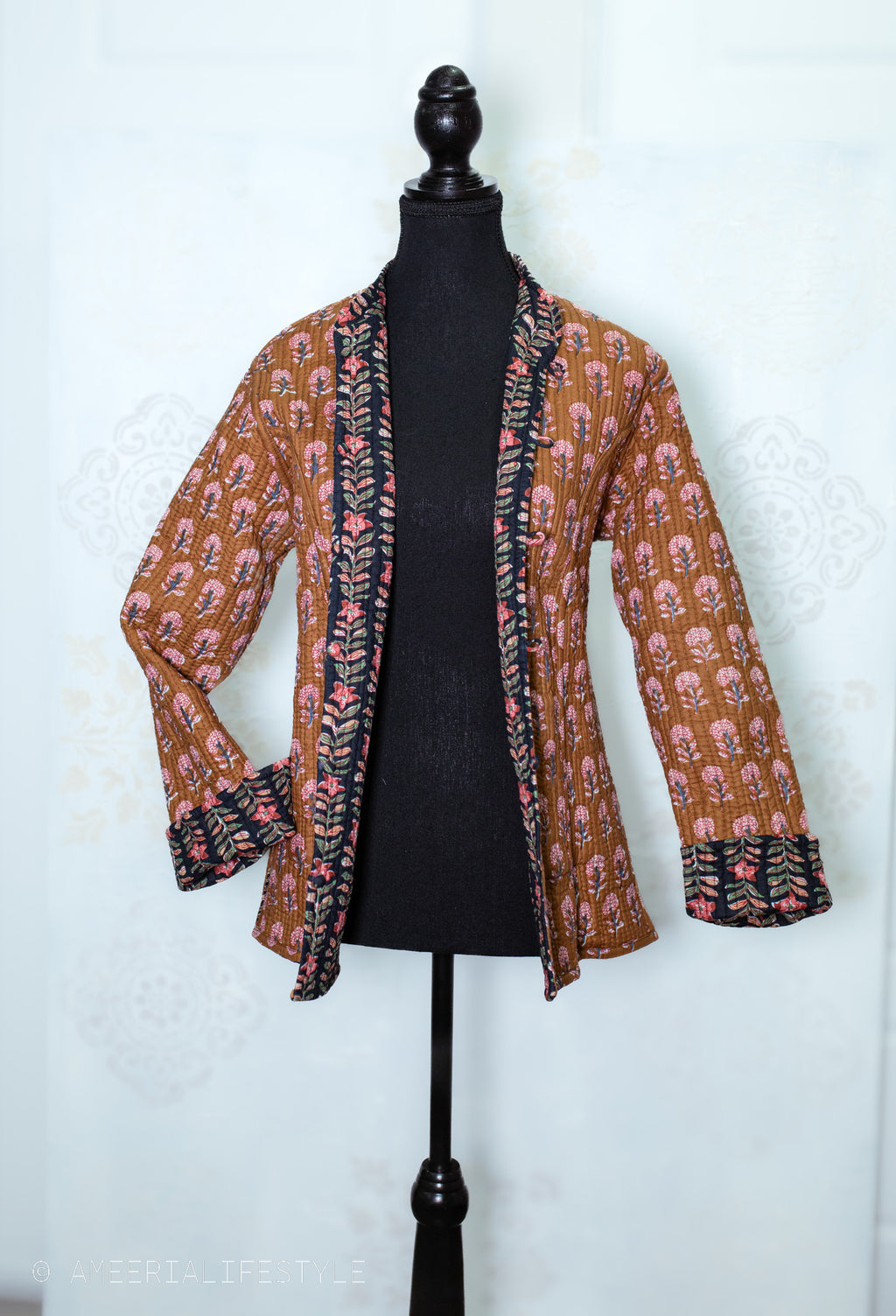 Cotton Quilted Reversible Spring/Fall Jacket - Short/Mid - Caramel & Black Hand Block Print