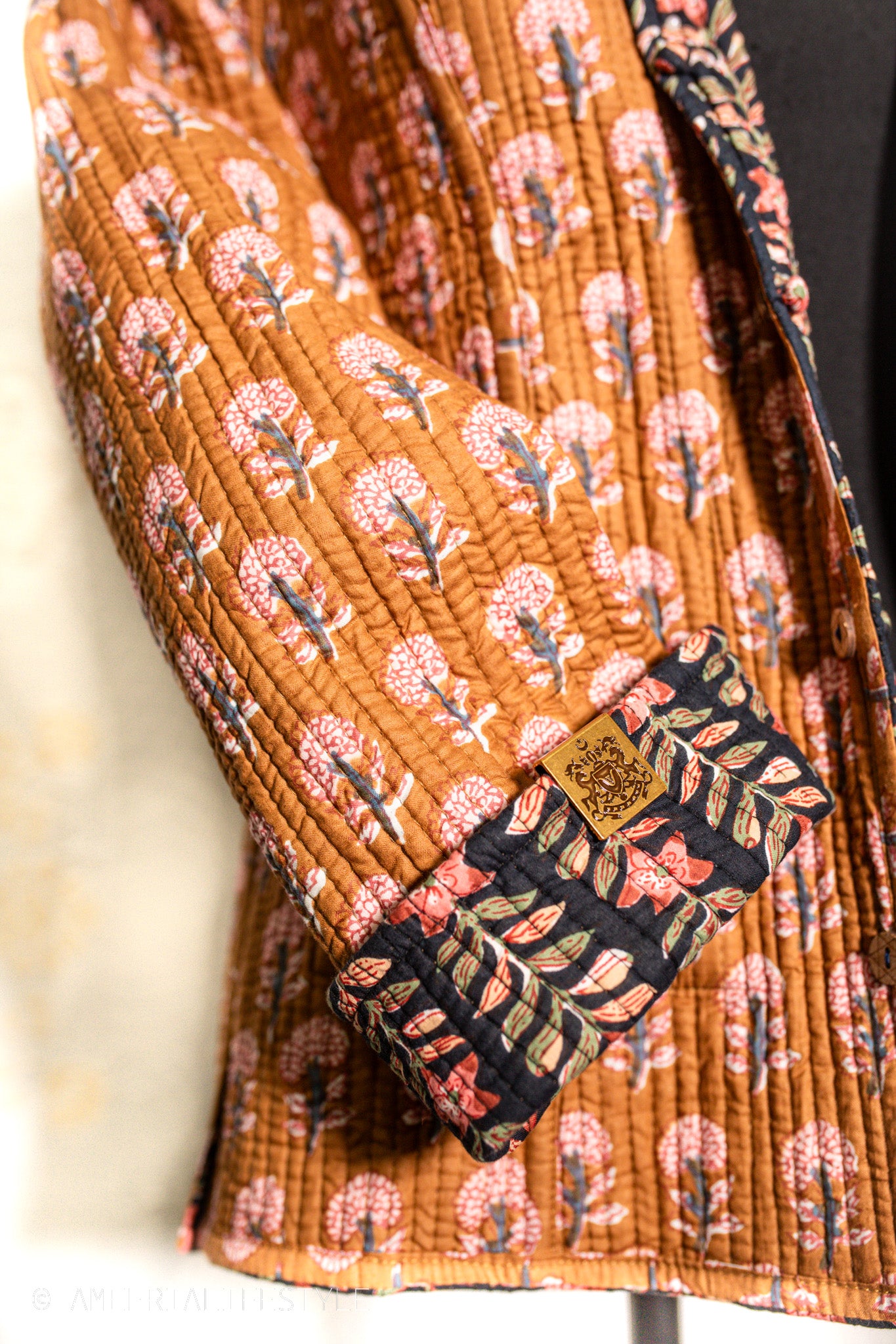 Cotton Quilted Reversible Spring/Fall Jacket - Short/Mid - Caramel & Black Hand Block Print