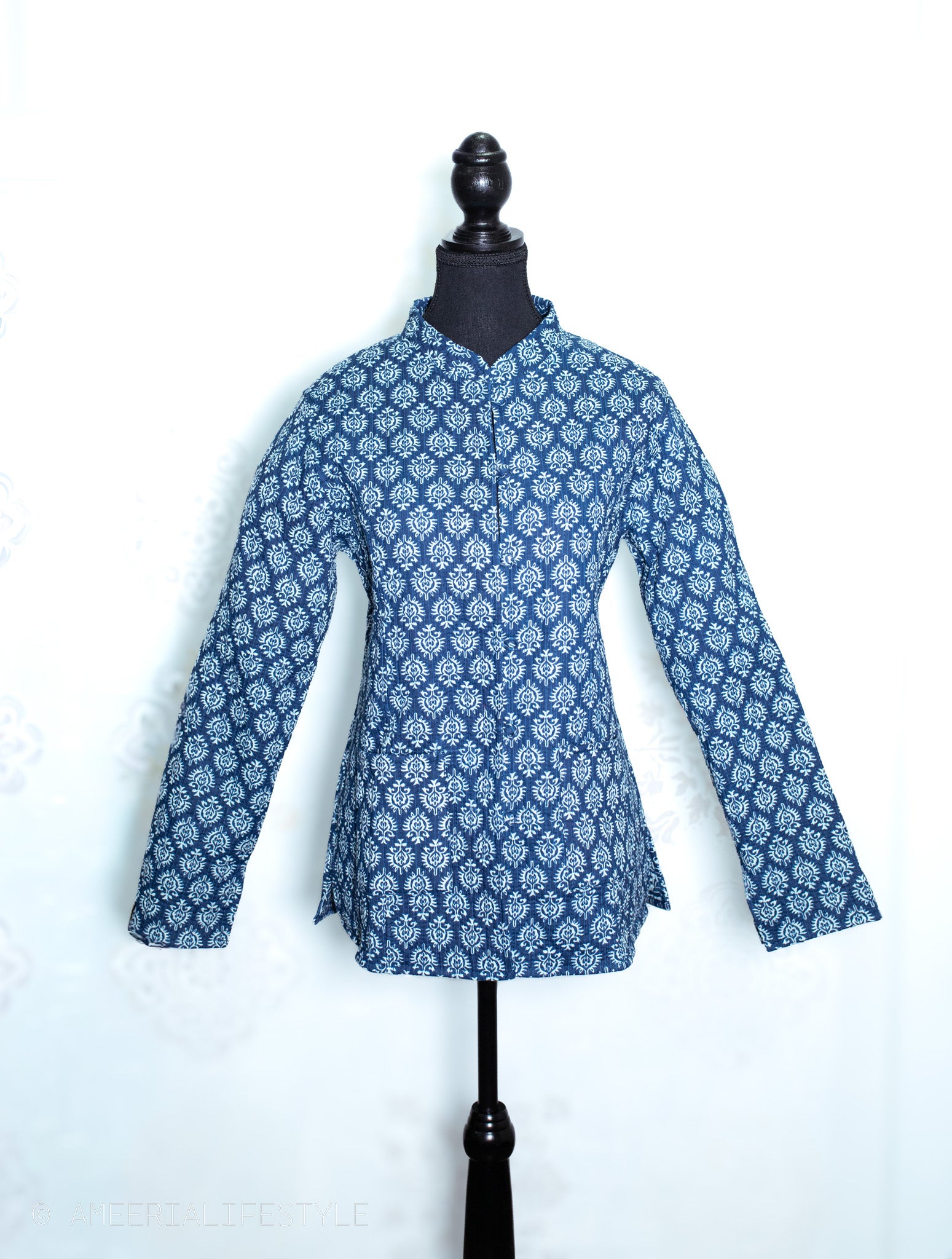 Cotton Quilted Reversible Spring/Fall Jacket - Short/Mid - Indigo Blue Geometric & Floral