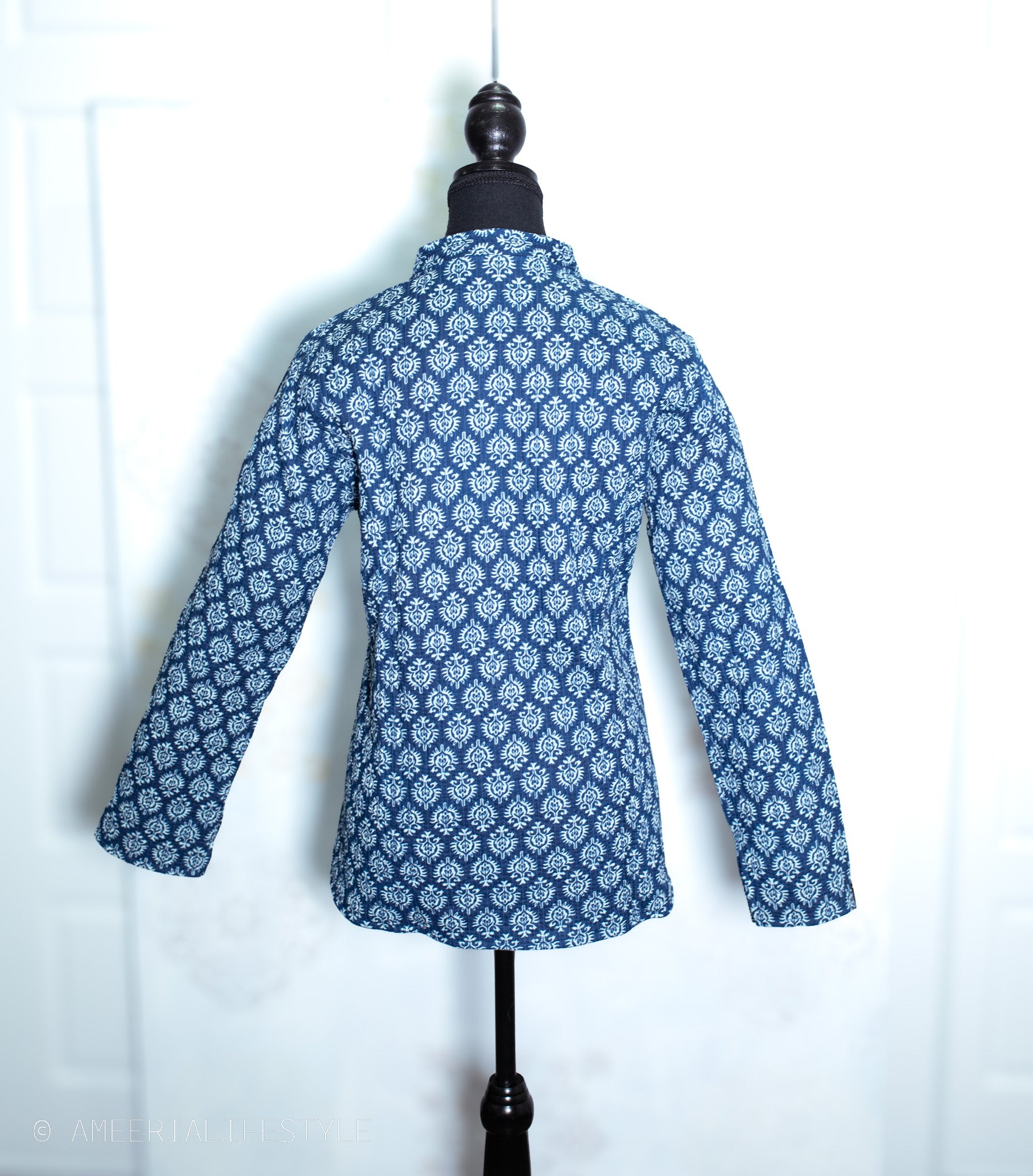 Cotton Quilted Reversible Spring/Fall Jacket - Short/Mid - Indigo Blue Geometric & Floral