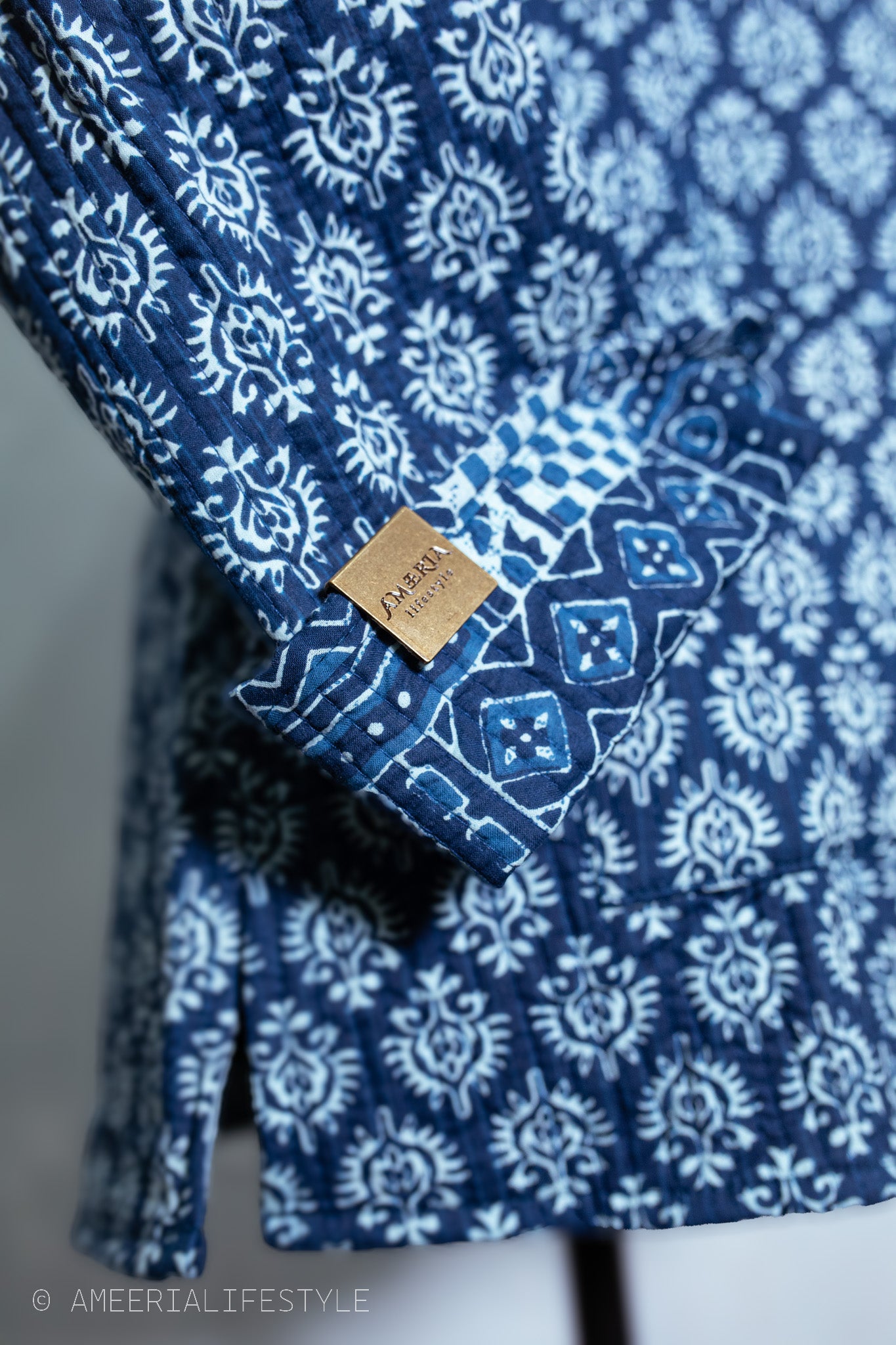 Cotton Quilted Reversible Spring/Fall Jacket - Short/Mid - Indigo Blue Geometric & Floral