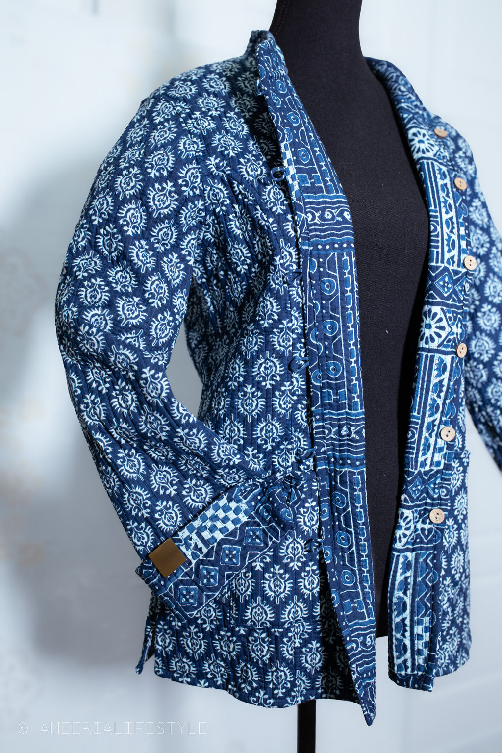 Cotton Quilted Reversible Spring/Fall Jacket - Short/Mid - Indigo Blue Geometric & Floral