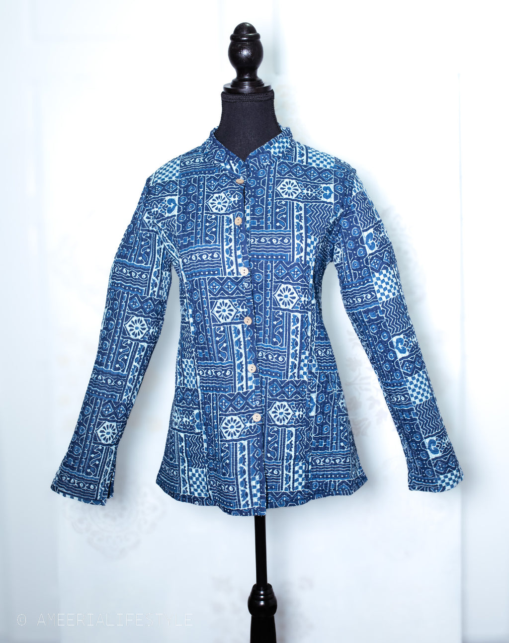 Cotton Quilted Reversible Spring/Fall Jacket - Short/Mid - Indigo Blue Geometric & Floral