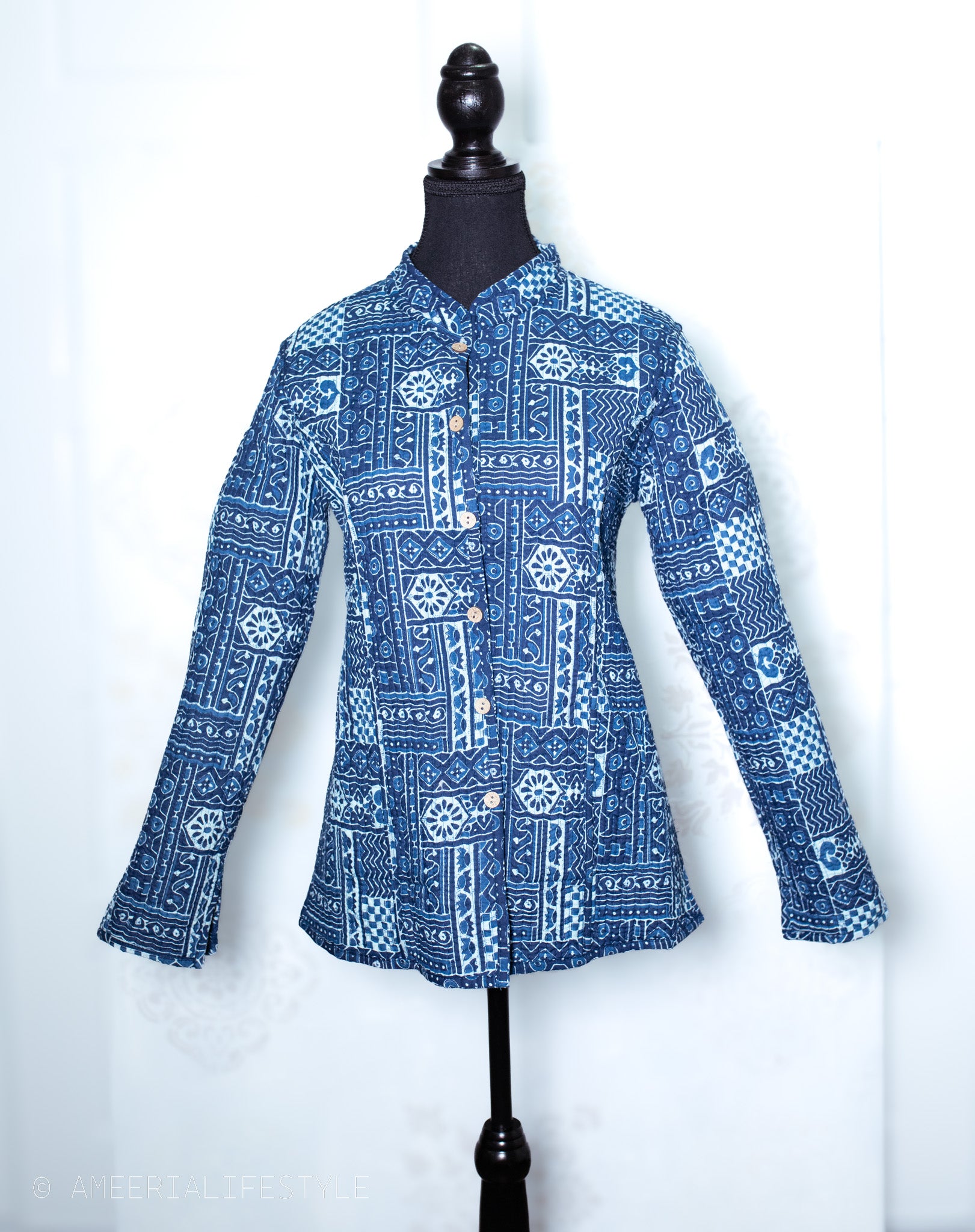 Cotton Quilted Reversible Spring/Fall Jacket - Short/Mid - Indigo Blue Geometric & Floral