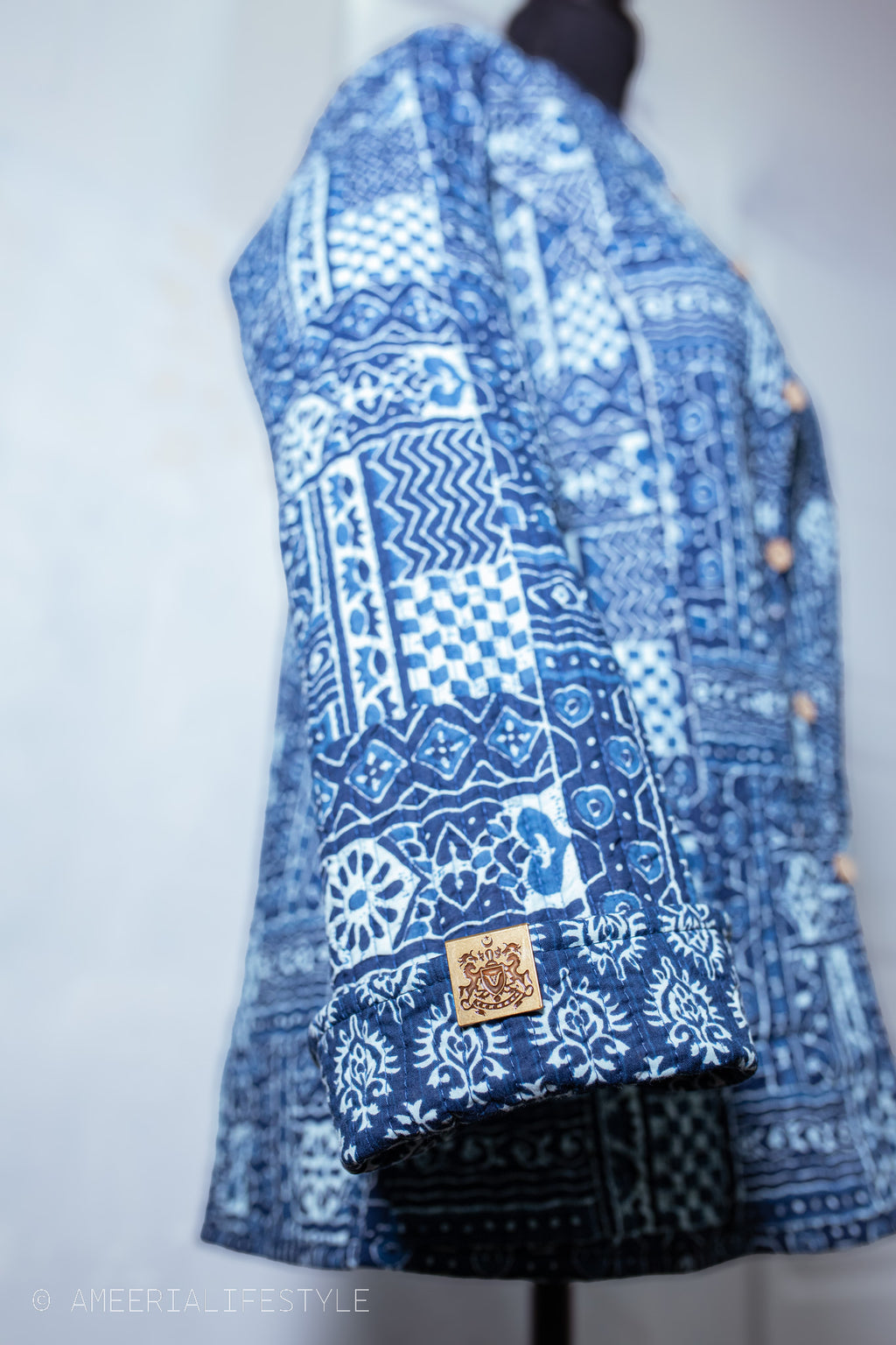 Cotton Quilted Reversible Spring/Fall Jacket - Short/Mid - Indigo Blue Geometric & Floral