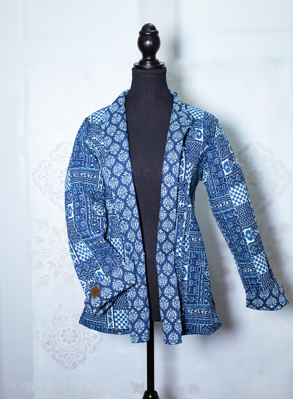 Cotton Quilted Reversible Spring/Fall Jacket - Short/Mid - Indigo Blue Geometric & Floral