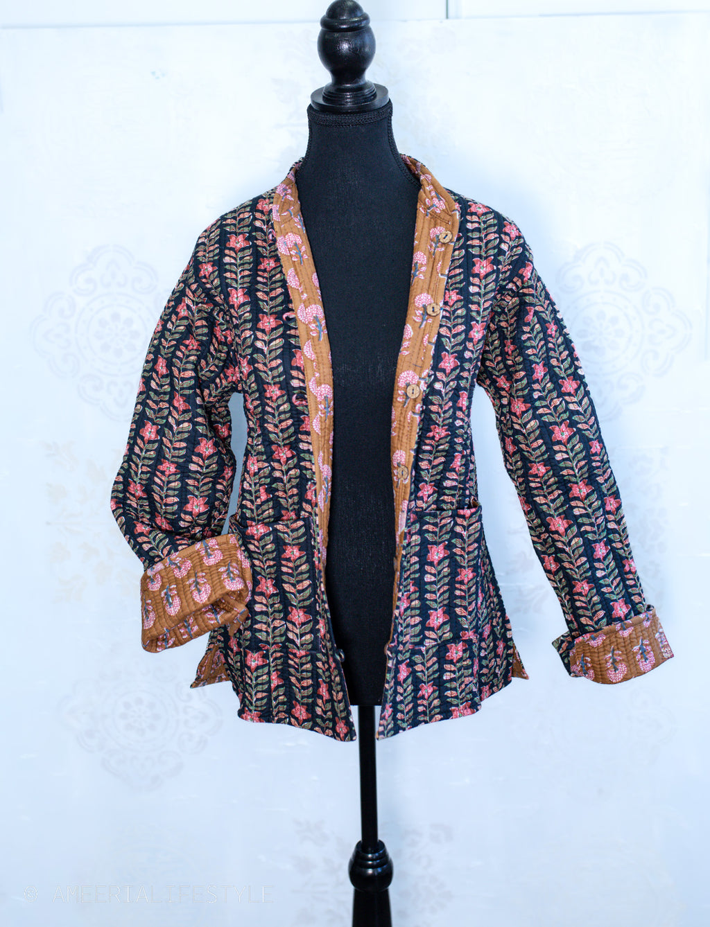 Cotton Quilted Reversible Spring/Fall Jacket - Short/Mid - Caramel & Black Hand Block Print