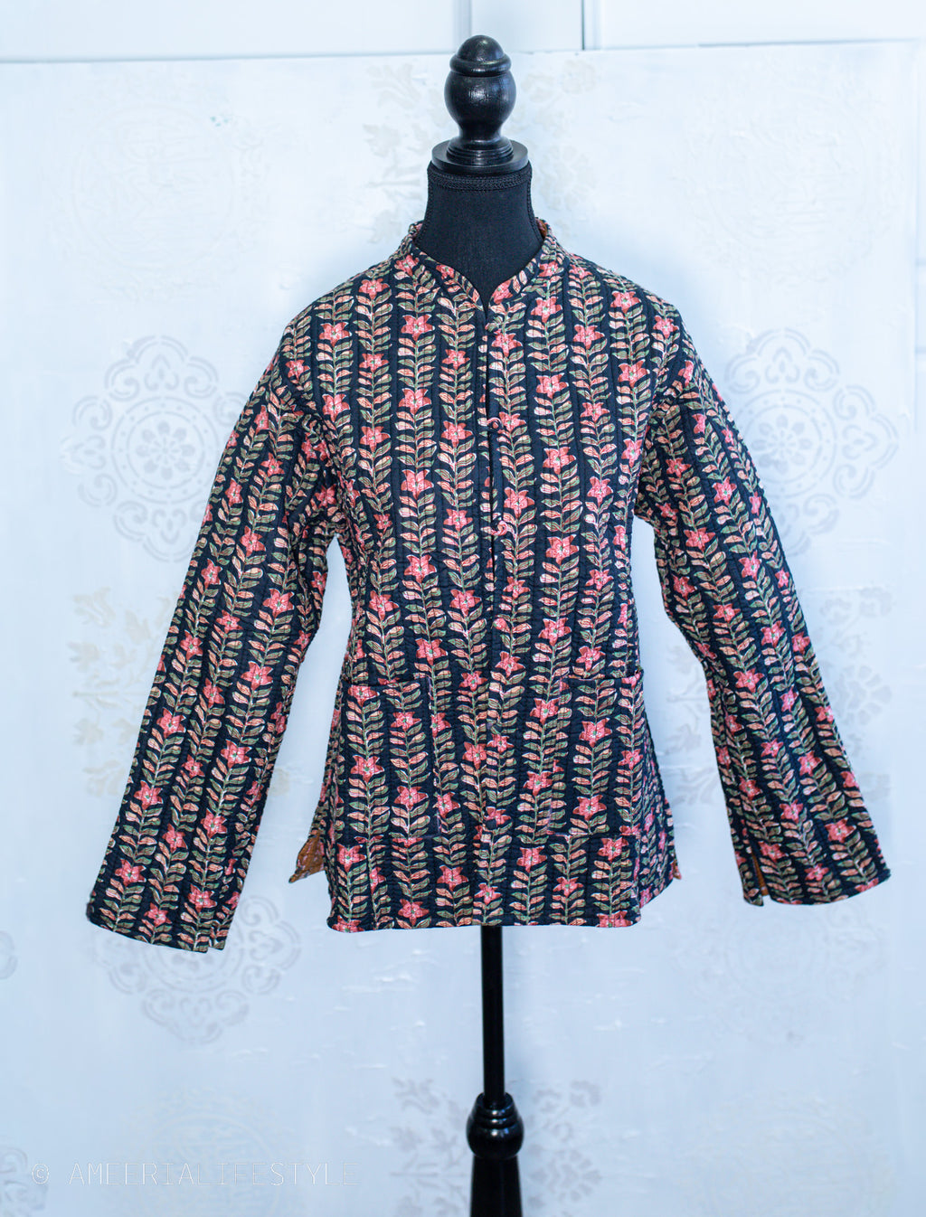 Cotton Quilted Reversible Spring/Fall Jacket - Short/Mid - Caramel & Black Hand Block Print
