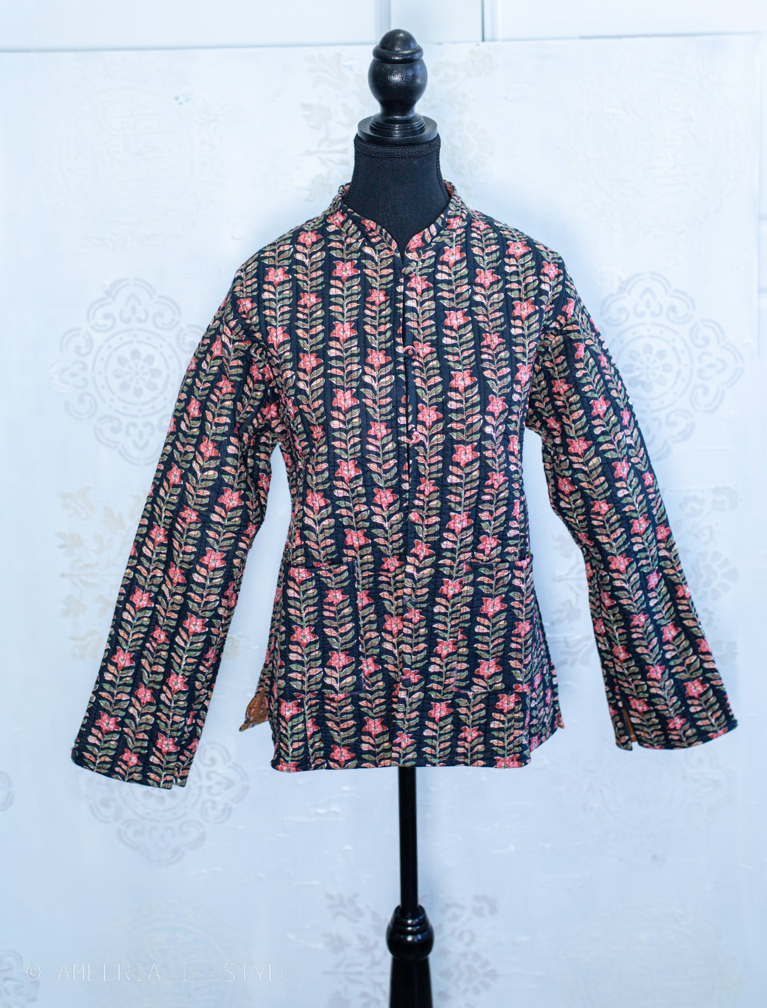 Cotton Quilted Reversible Spring/Fall Jacket - Short/Mid - Caramel & Black Hand Block Print