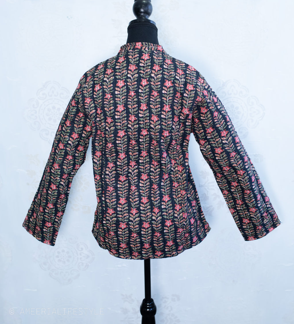 Cotton Quilted Reversible Spring/Fall Jacket - Short/Mid - Caramel & Black Hand Block Print