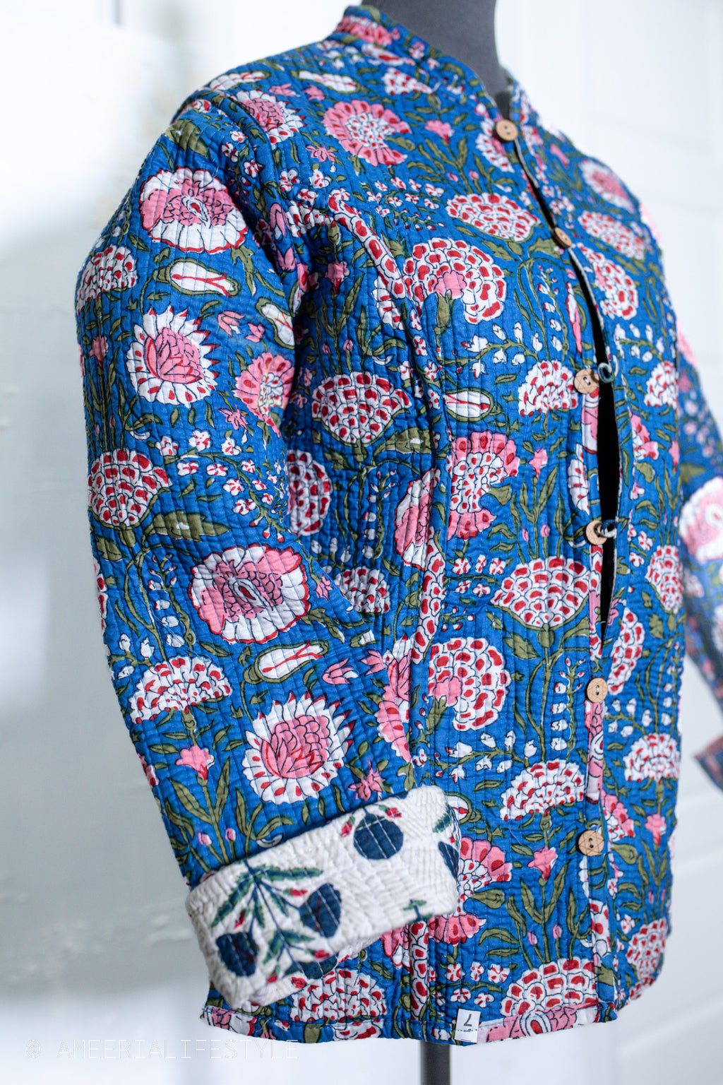 Cotton Quilted Reversible Spring/Fall Jacket - Short/Mid - Teal Blue & Cream Floral