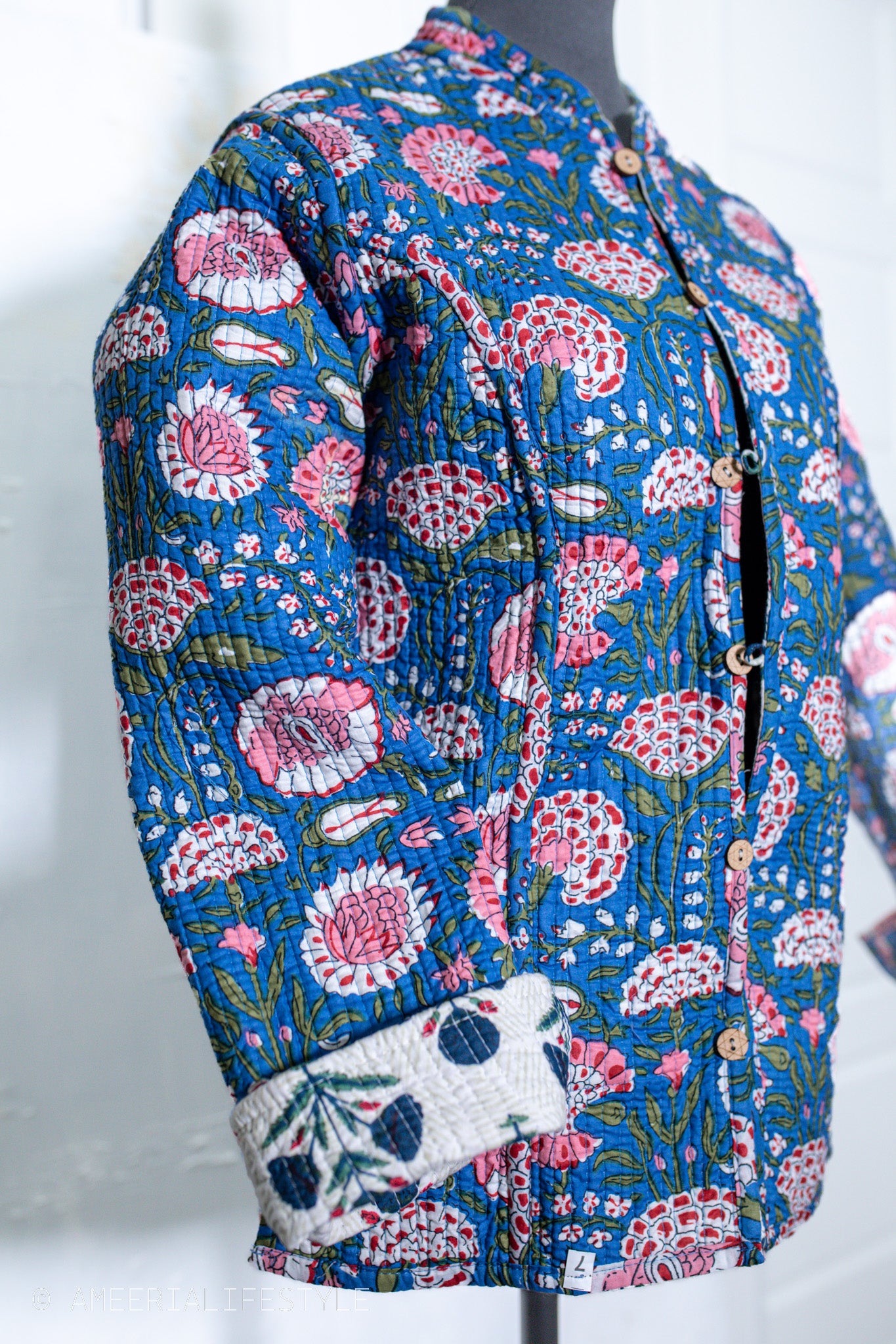 Cotton Quilted Reversible Spring/Fall Jacket - Short/Mid - Teal Blue & Cream Floral