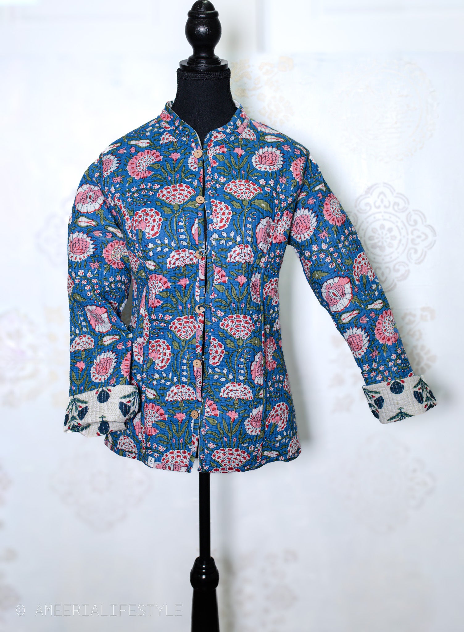 Cotton Quilted Reversible Spring/Fall Jacket - Short/Mid - Teal Blue & Cream Floral