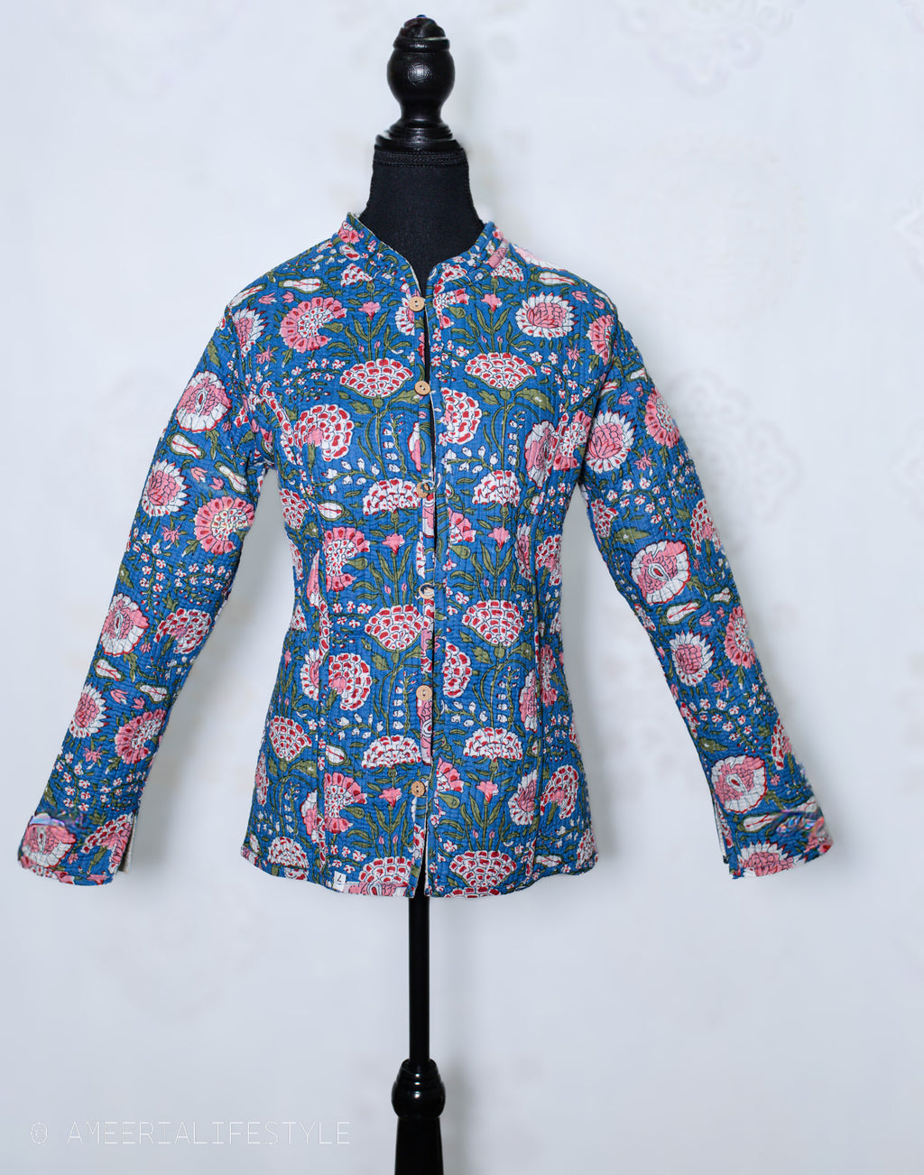 Cotton Quilted Reversible Spring/Fall Jacket - Short/Mid - Teal Blue & Cream Floral