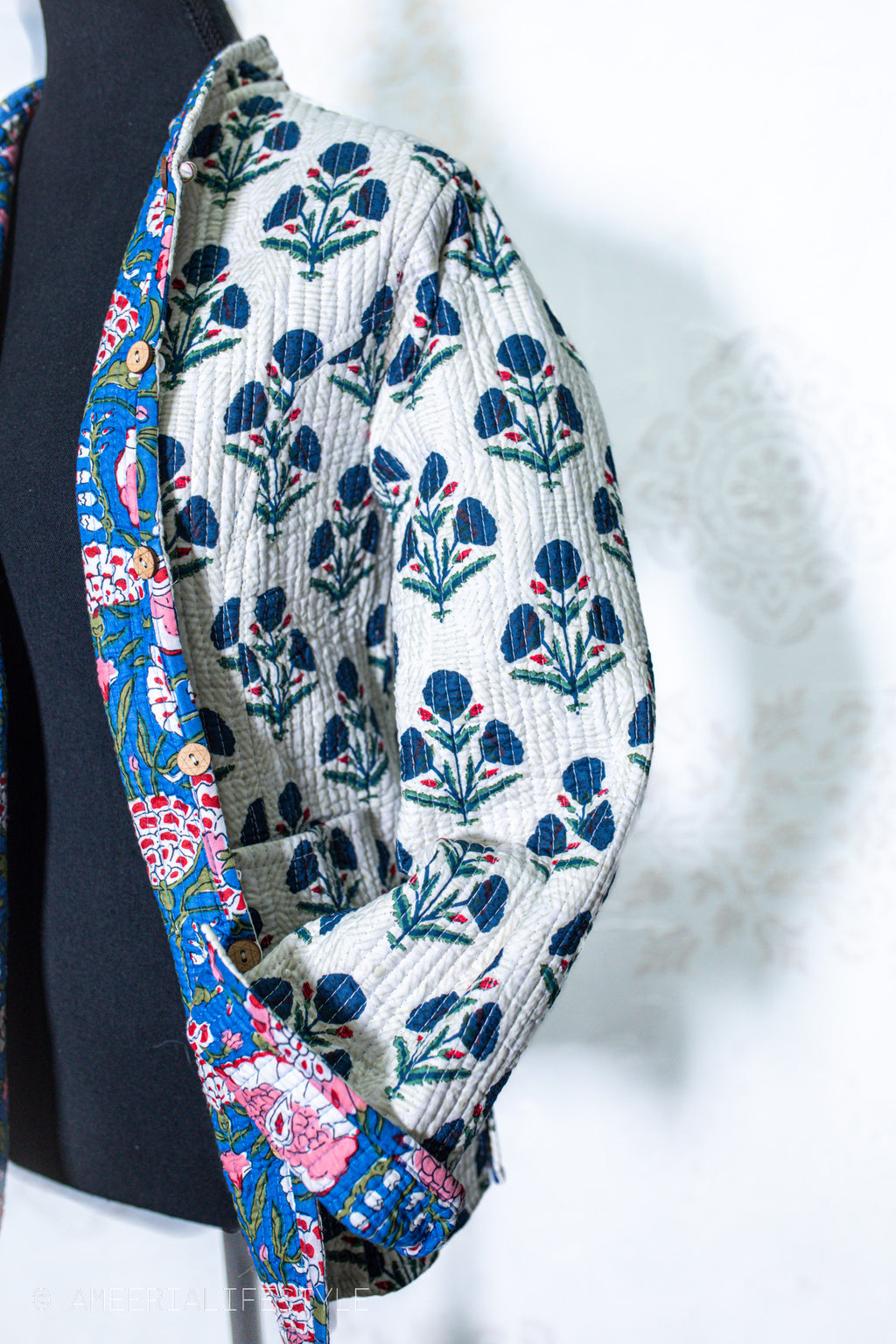 Cotton Quilted Reversible Spring/Fall Jacket - Short/Mid - Teal Blue & Cream Floral