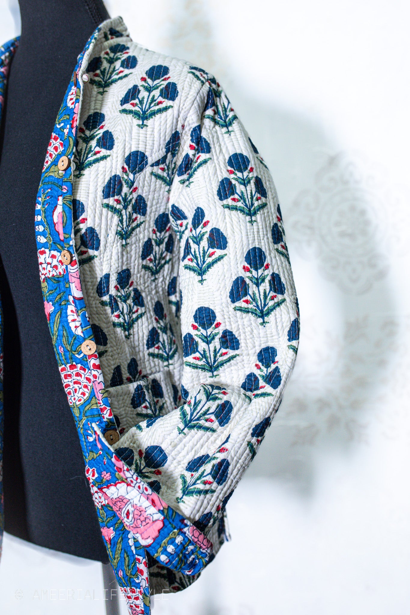 Cotton Quilted Reversible Spring/Fall Jacket - Short/Mid - Teal Blue & Cream Floral