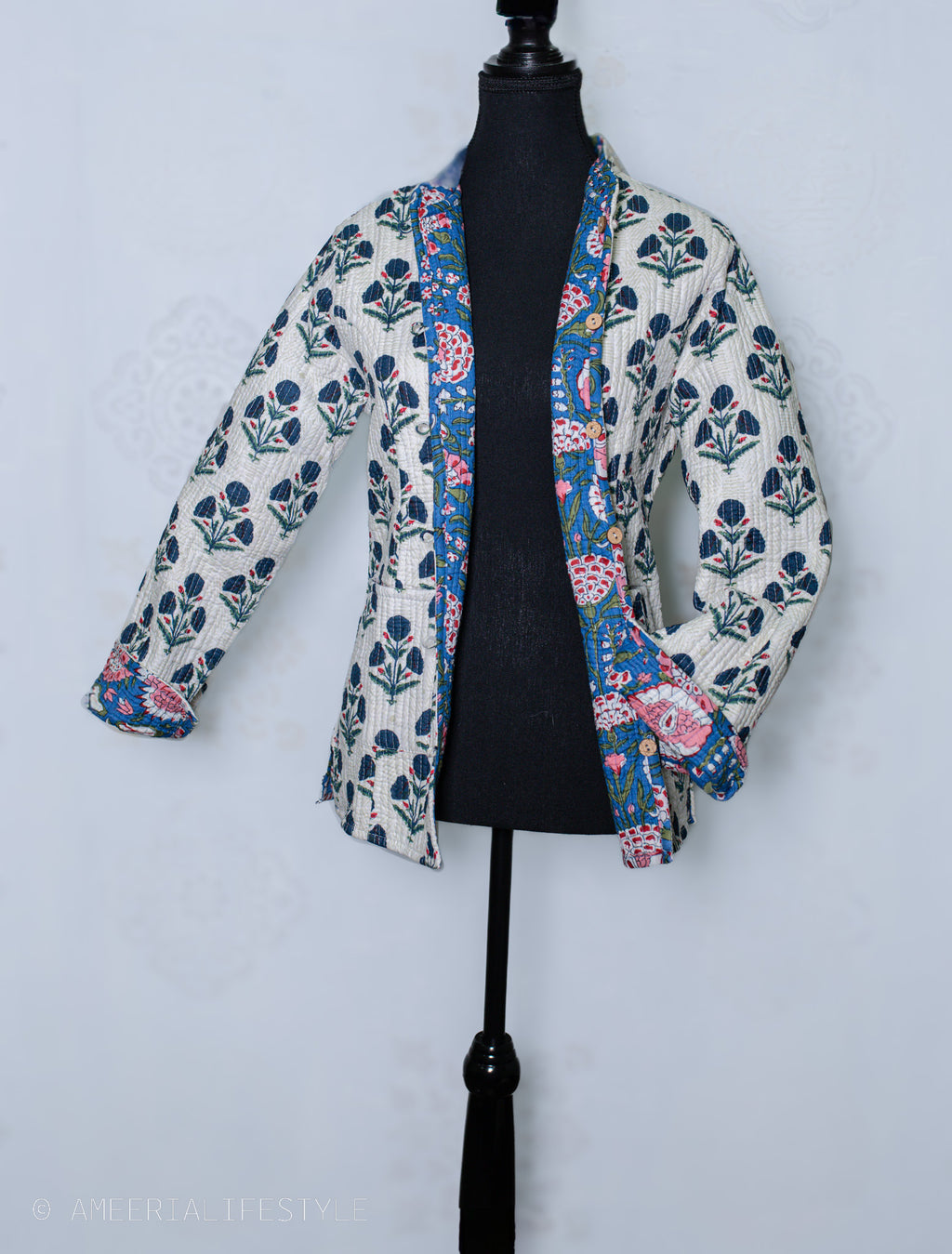 Cotton Quilted Reversible Spring/Fall Jacket - Short/Mid - Teal Blue & Cream Floral