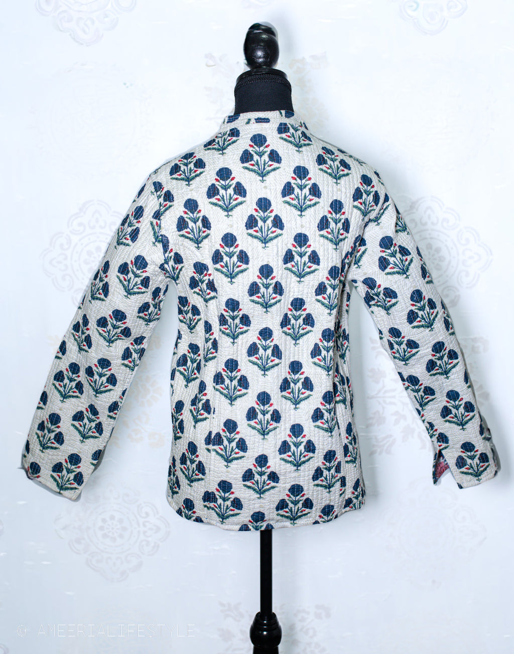 Cotton Quilted Reversible Spring/Fall Jacket - Short/Mid - Teal Blue & Cream Floral