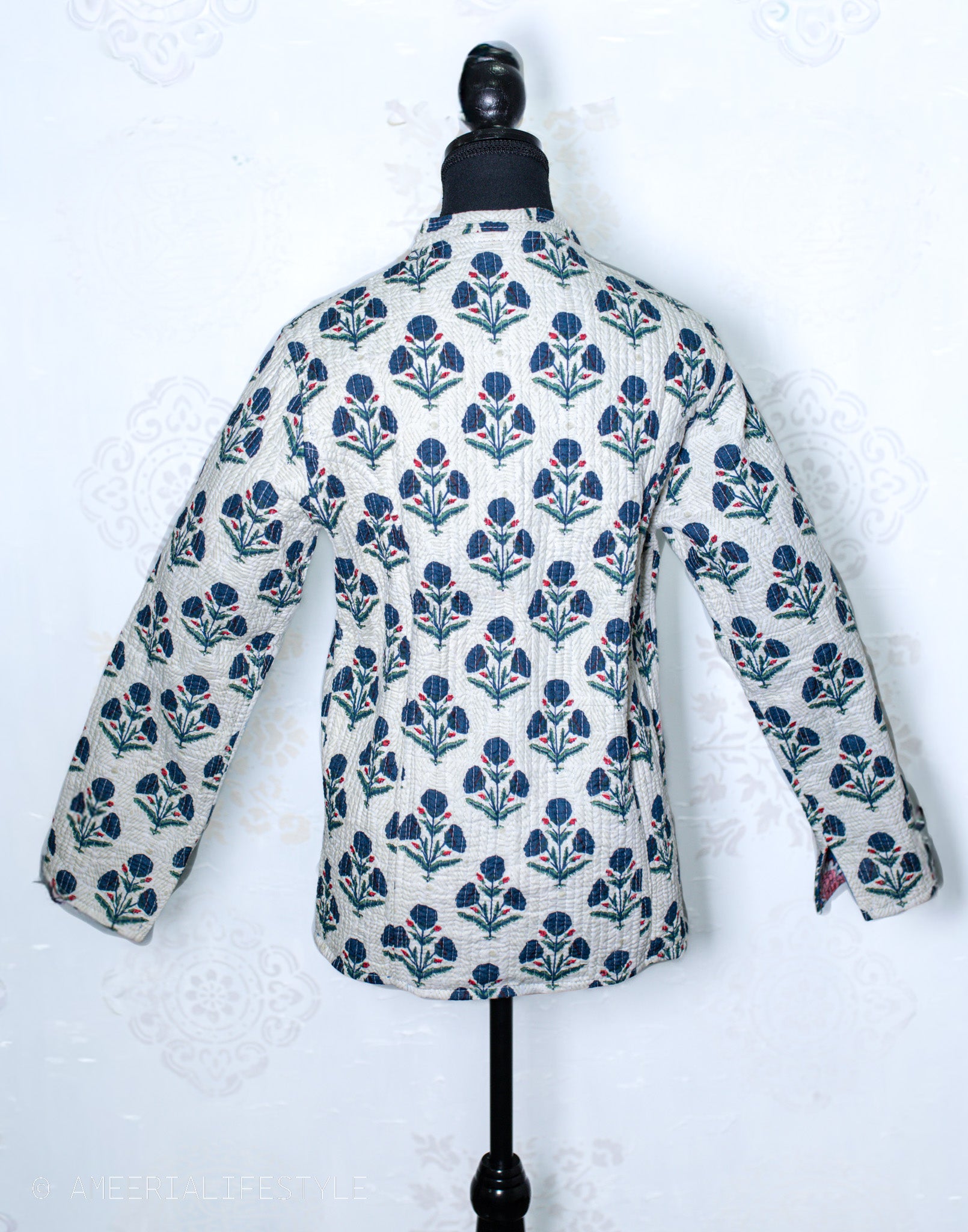 Cotton Quilted Reversible Spring/Fall Jacket - Short/Mid - Teal Blue & Cream Floral