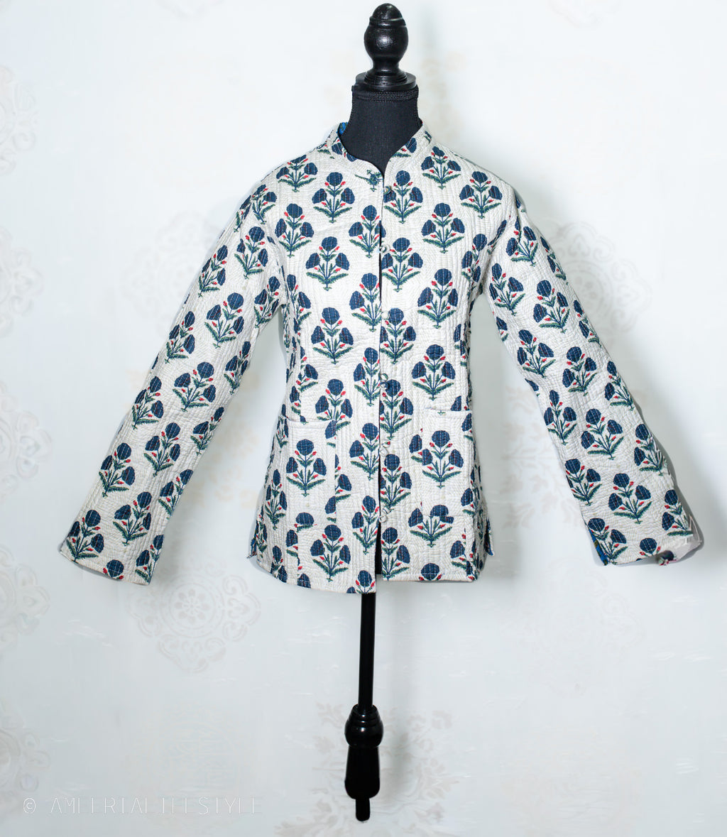 Cotton Quilted Reversible Spring/Fall Jacket - Short/Mid - Teal Blue & Cream Floral