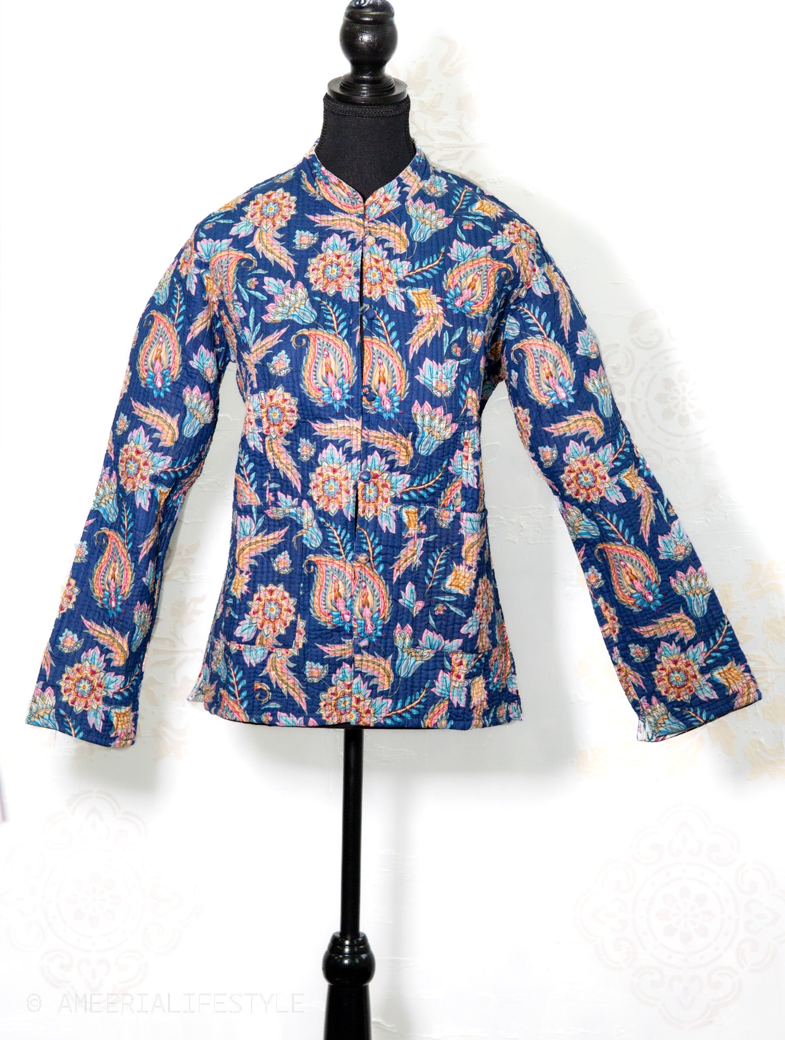 Cotton Quilted Reversible Spring/Fall Jacket - Short/Mid - Royal Blue Paisley & White Floral