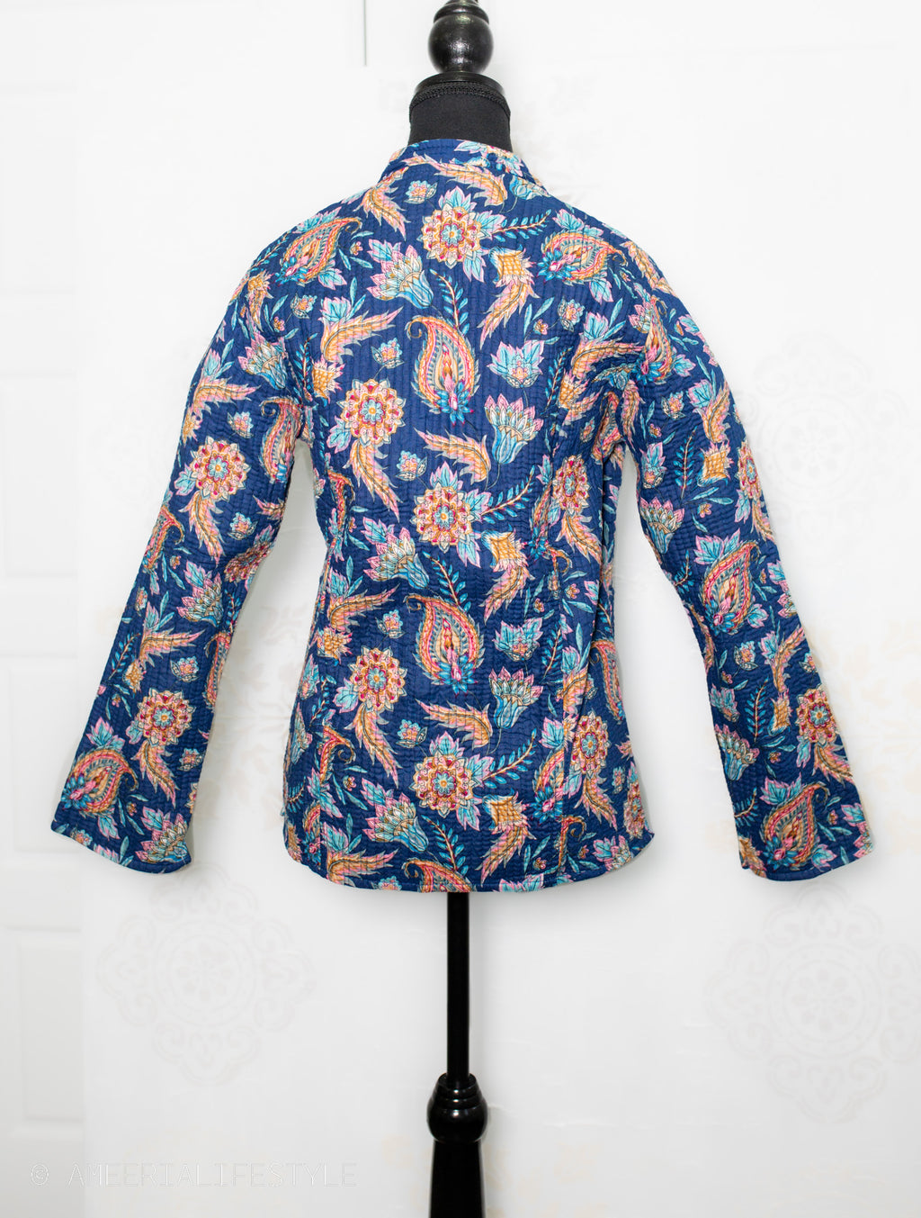 Cotton Quilted Reversible Spring/Fall Jacket - Short/Mid - Royal Blue Paisley & White Floral