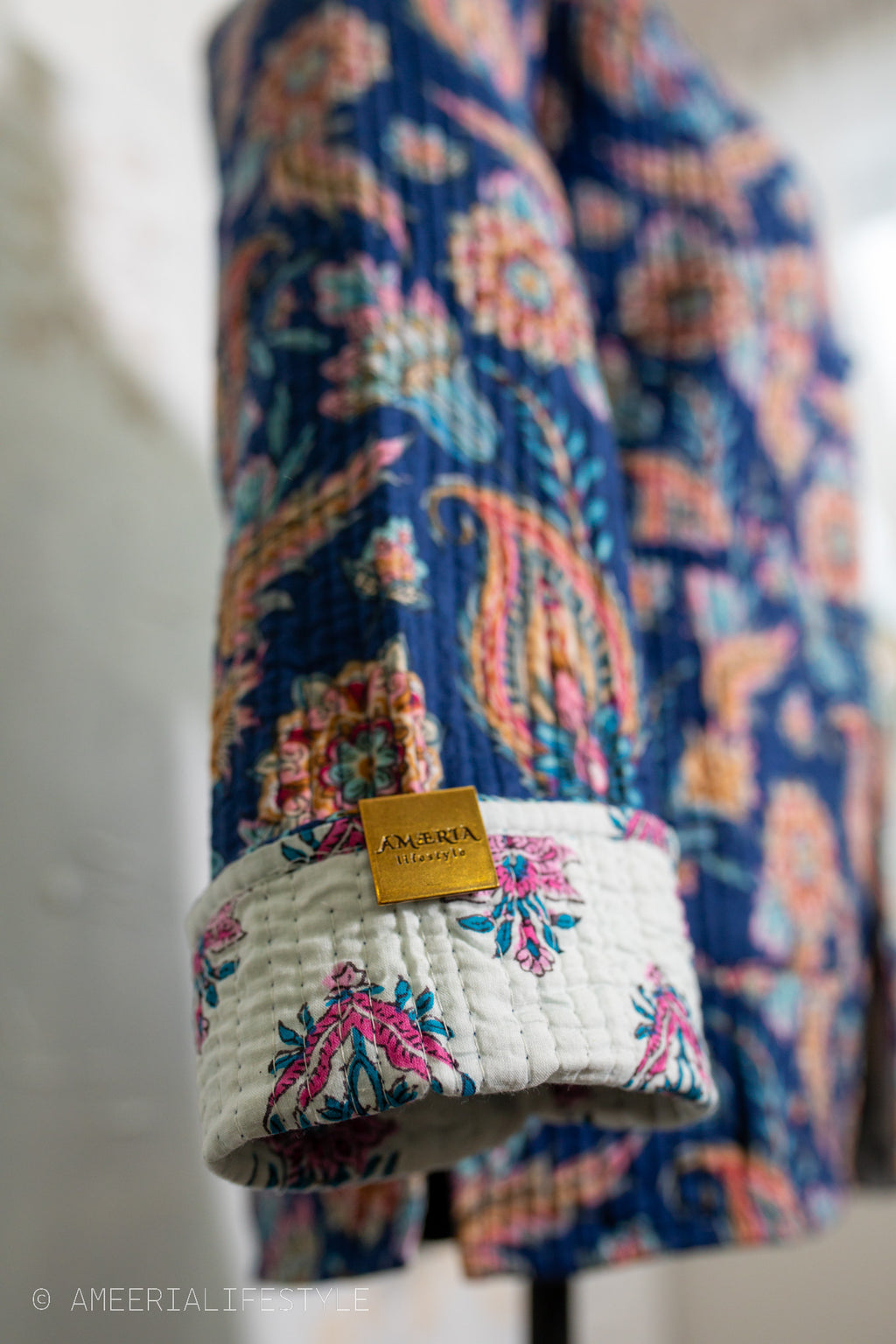 Cotton Quilted Reversible Spring/Fall Jacket - Short/Mid - Royal Blue Paisley & White Floral