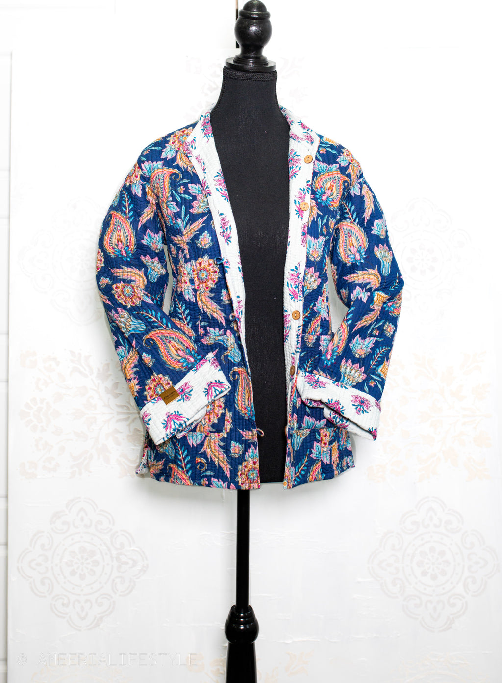 Cotton Quilted Reversible Spring/Fall Jacket - Short/Mid - Royal Blue Paisley & White Floral