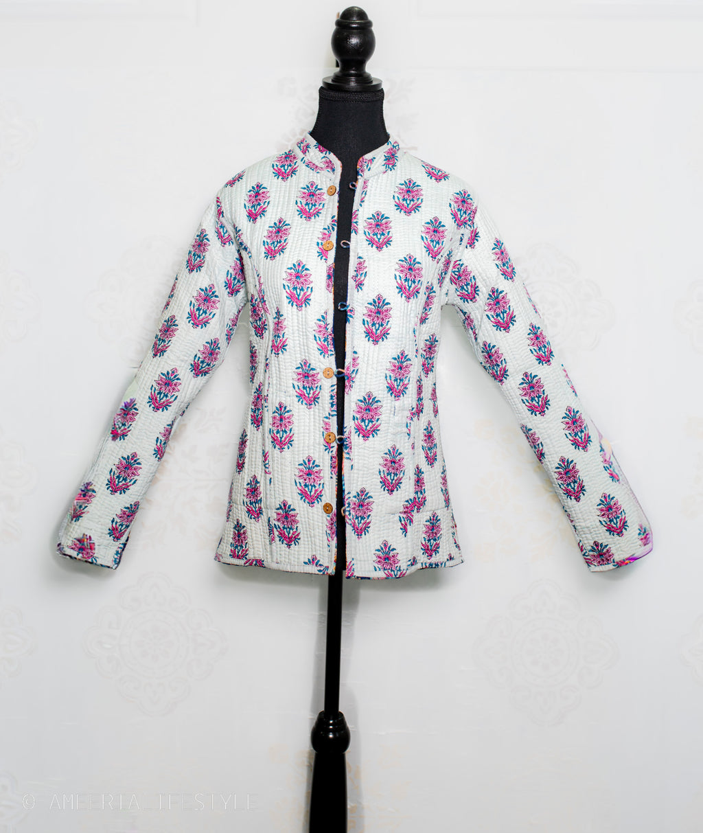 Cotton Quilted Reversible Spring/Fall Jacket - Short/Mid - Royal Blue Paisley & White Floral