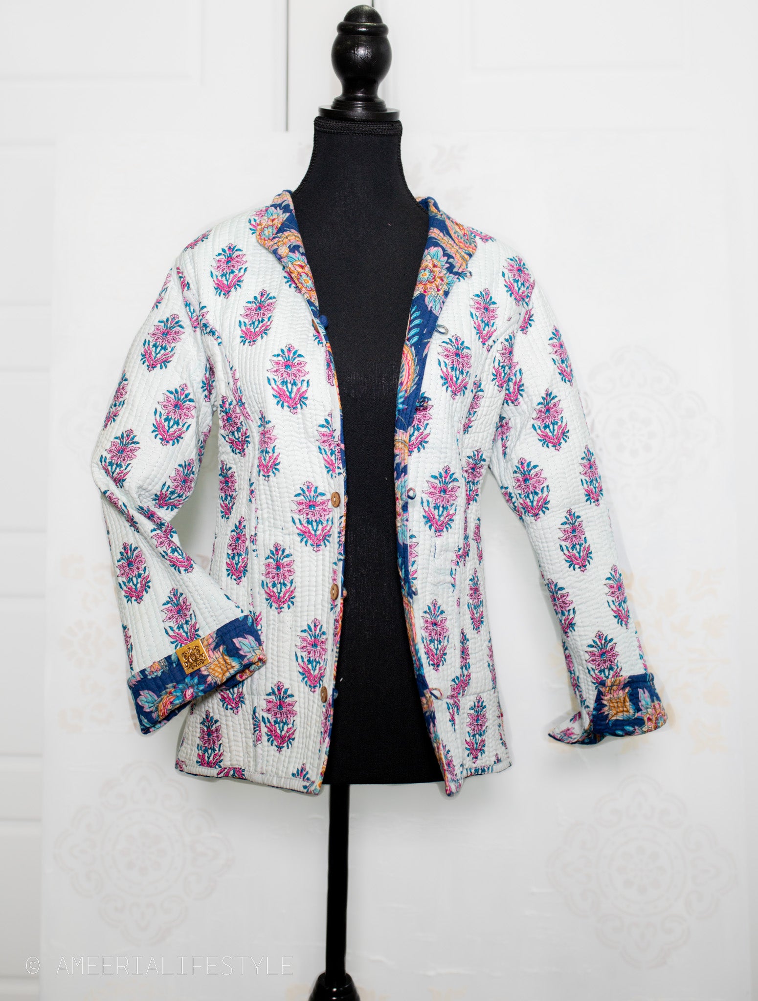 Cotton Quilted Reversible Spring/Fall Jacket - Short/Mid - Royal Blue Paisley & White Floral