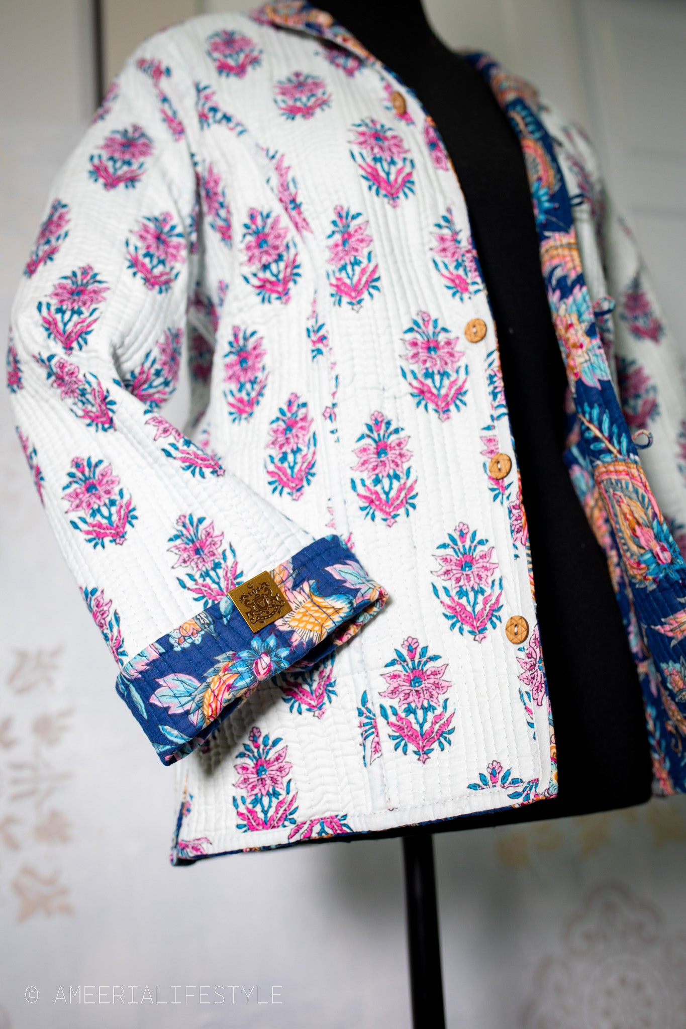 Cotton Quilted Reversible Spring/Fall Jacket - Short/Mid - Royal Blue Paisley & White Floral