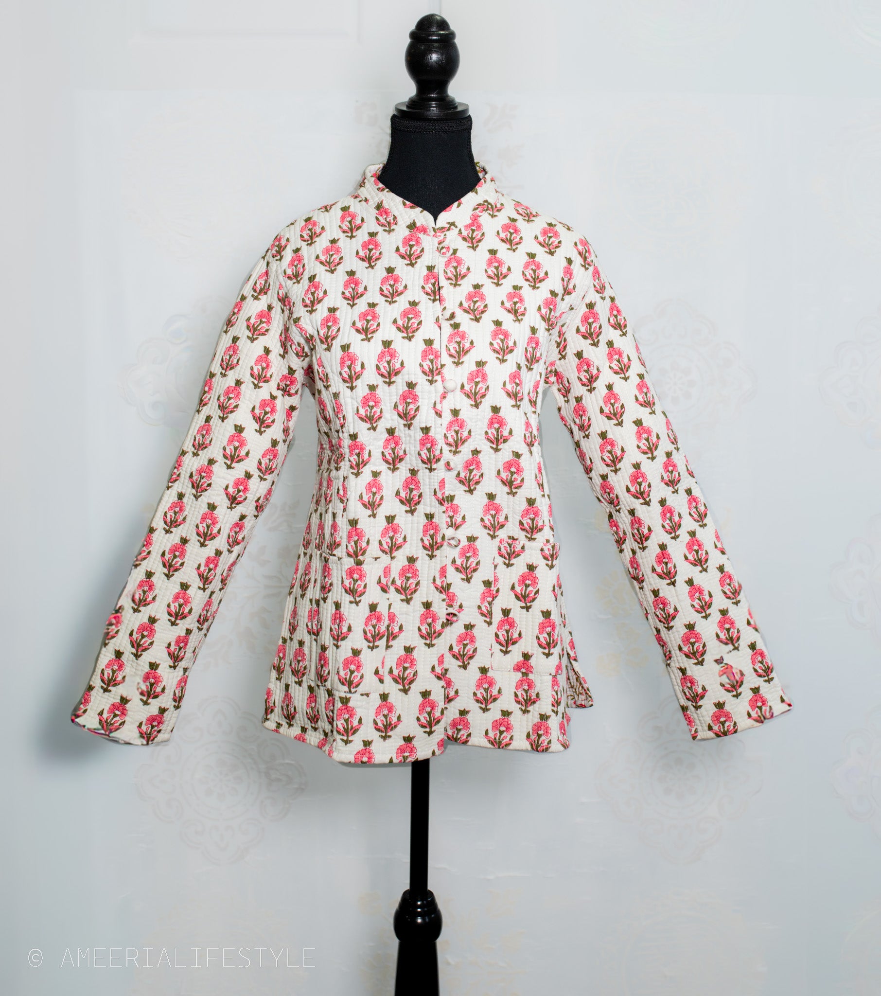 Cotton Quilted Reversible Spring/Fall Jacket - Short/Mid - Cream & Pink Hand Block Print Floral