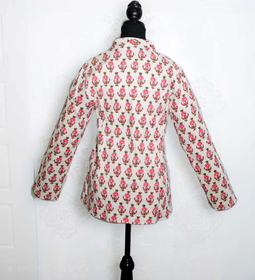 Cotton Quilted Reversible Spring/Fall Jacket - Short/Mid - Cream & Pink Hand Block Print Floral