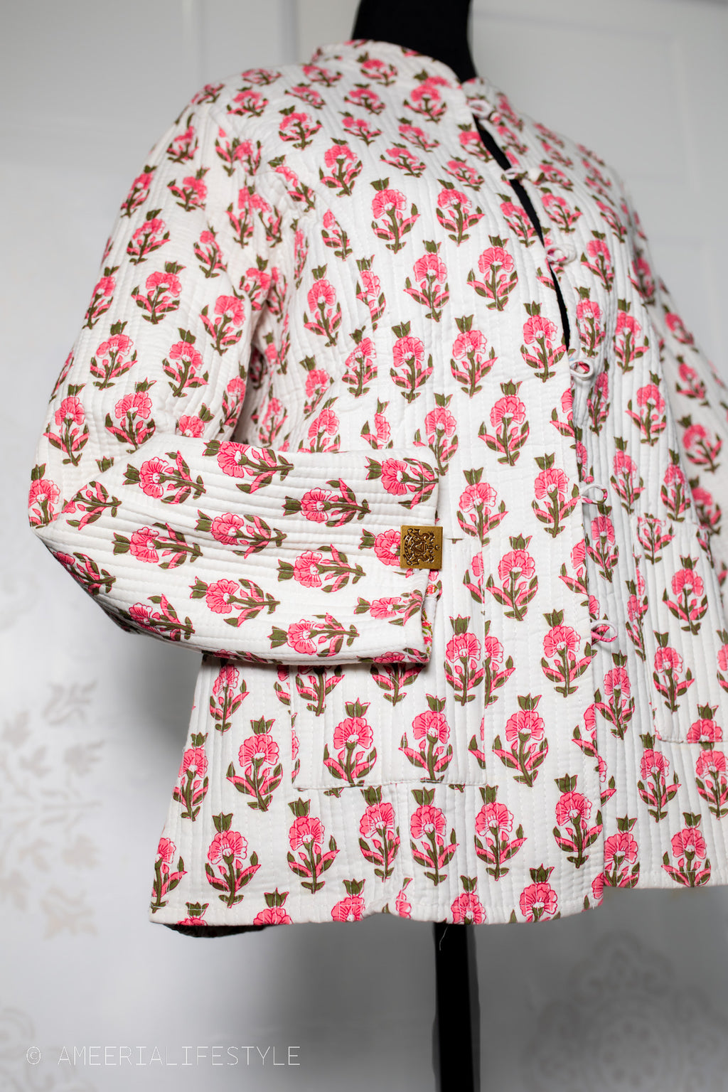 Cotton Quilted Reversible Spring/Fall Jacket - Short/Mid - Cream & Pink Hand Block Print Floral