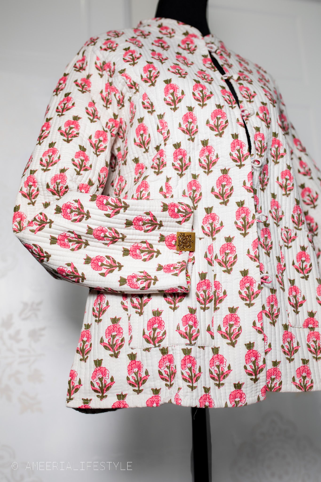 Cotton Quilted Reversible Spring/Fall Jacket - Short/Mid - Cream & Pink Hand Block Print Floral