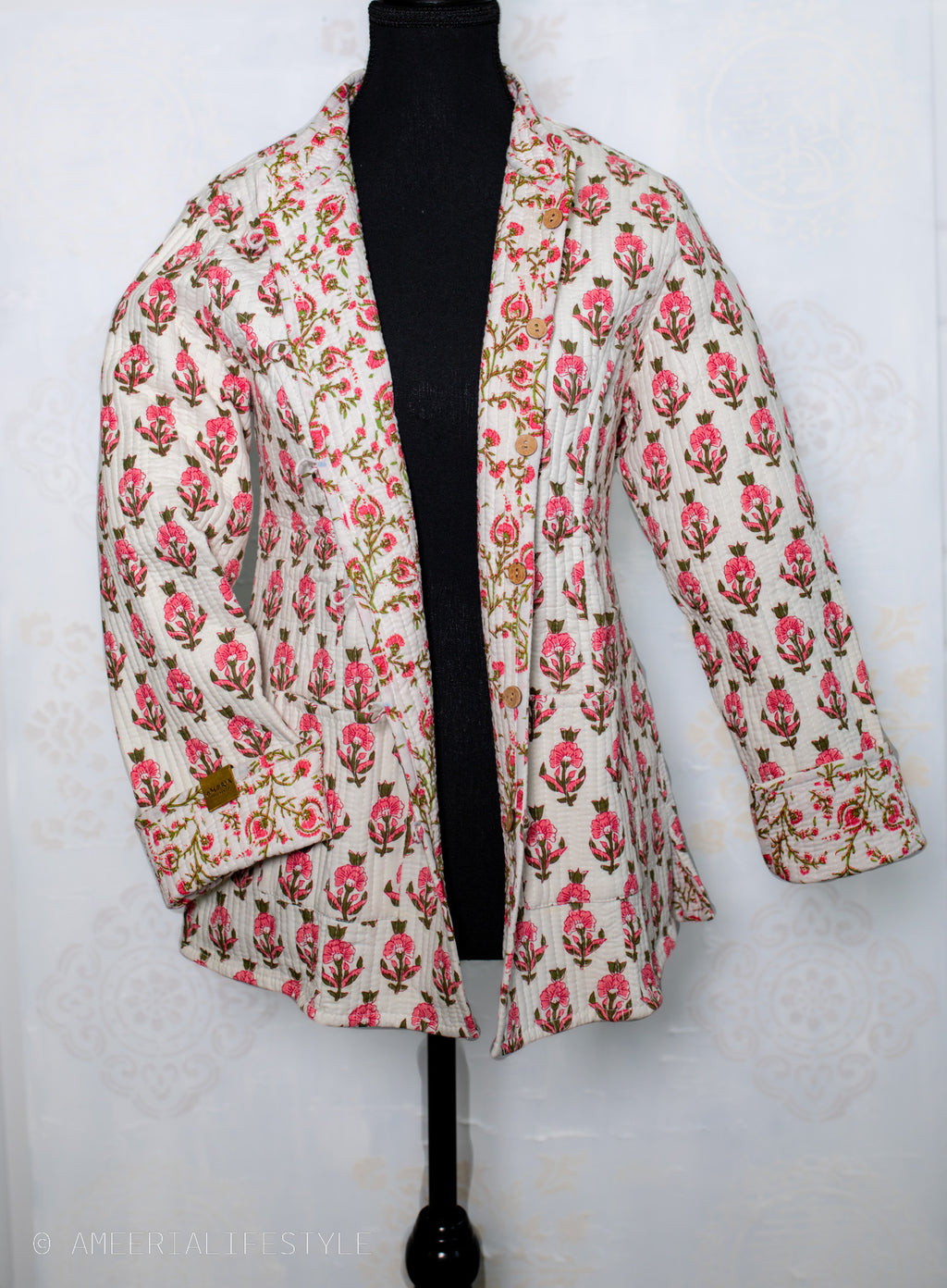 Cotton Quilted Reversible Spring/Fall Jacket - Short/Mid - Cream & Pink Hand Block Print Floral