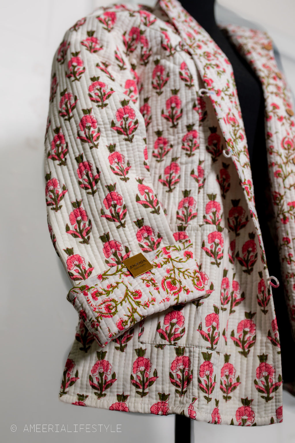 Cotton Quilted Reversible Spring/Fall Jacket - Short/Mid - Cream & Pink Hand Block Print Floral