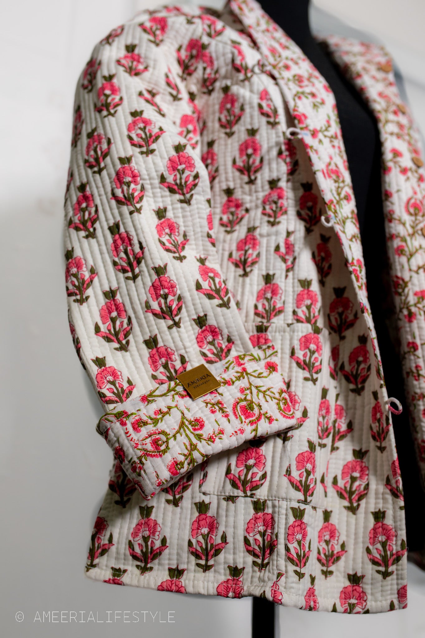 Cotton Quilted Reversible Spring/Fall Jacket - Short/Mid - Cream & Pink Hand Block Print Floral