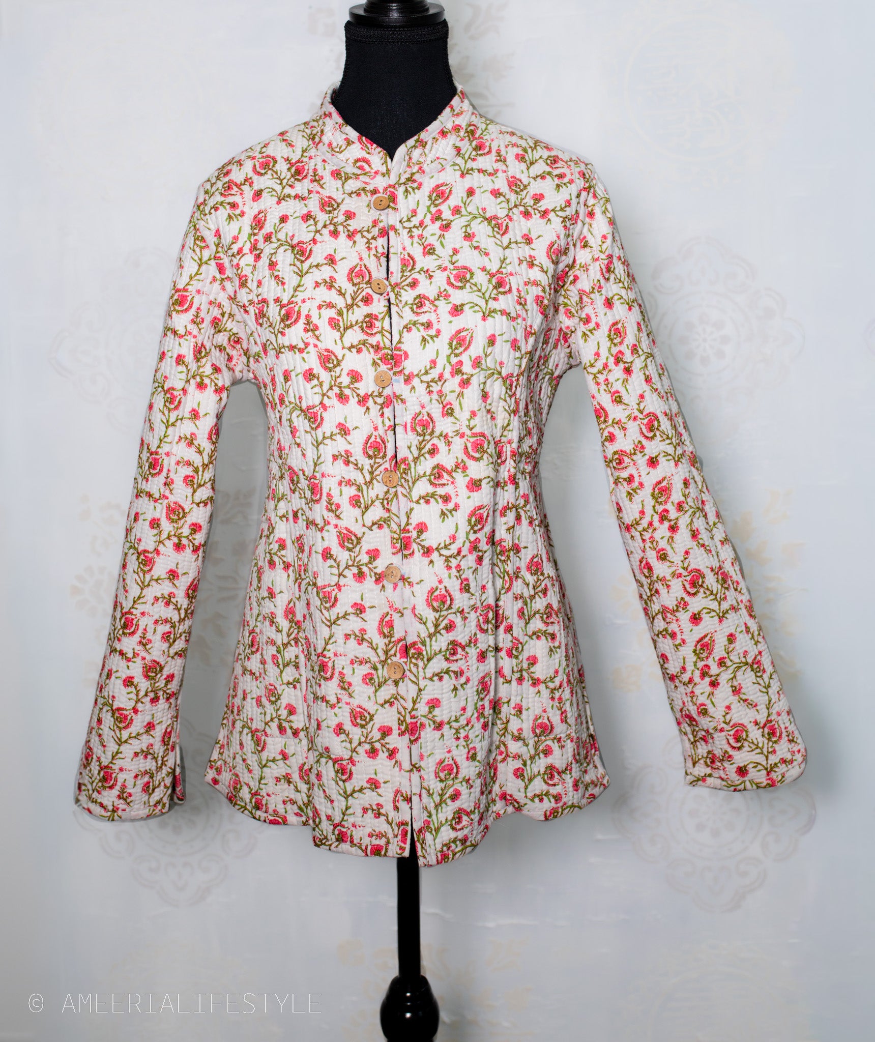 Cotton Quilted Reversible Spring/Fall Jacket - Short/Mid - Cream & Pink Hand Block Print Floral