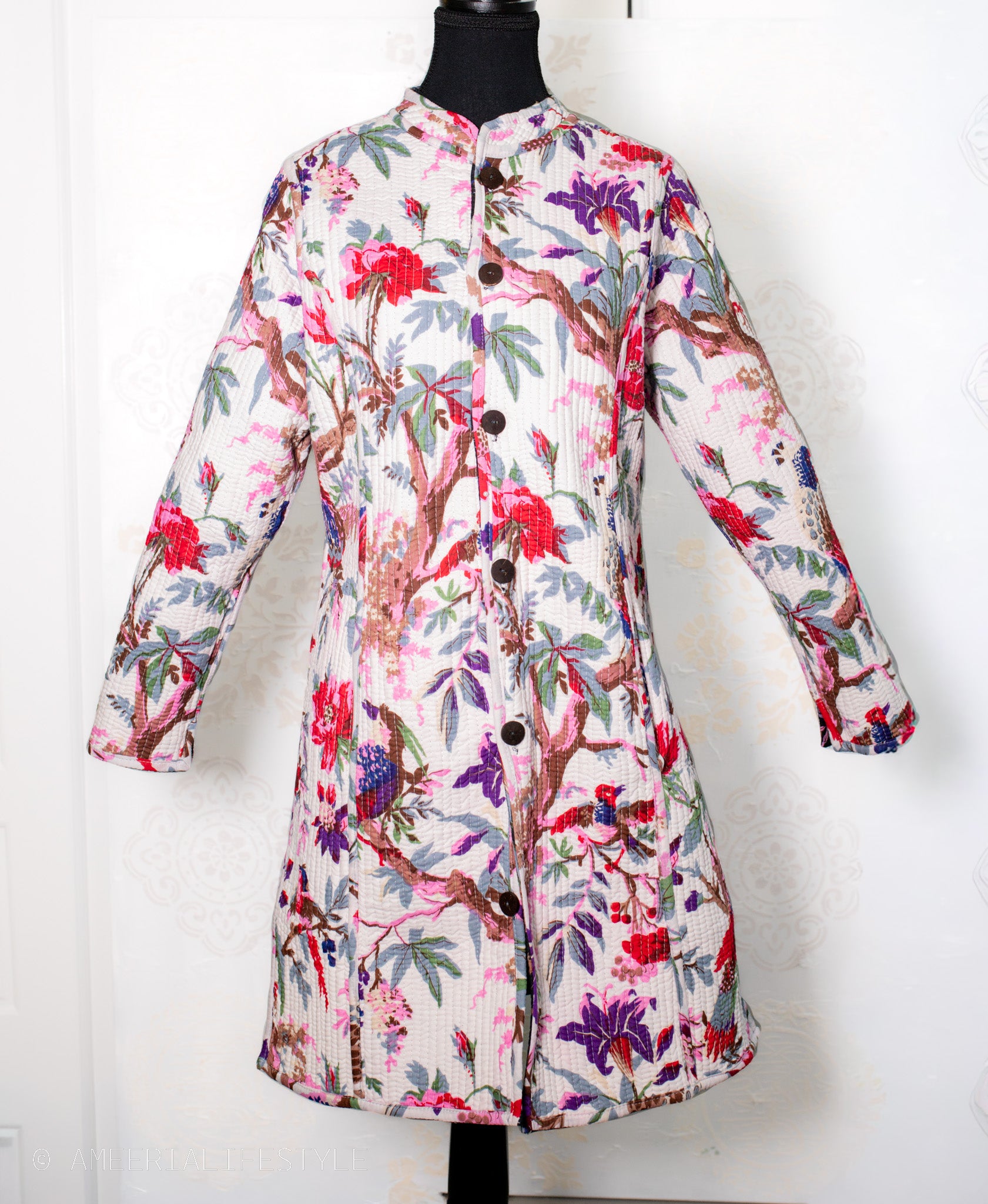 Cotton Quilted Reversible Spring/Fall Jacket - Long - Off white & Black Floral