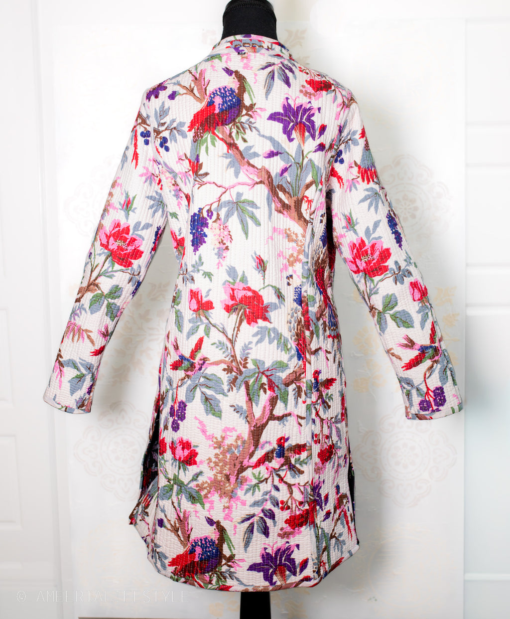 Cotton Quilted Reversible Spring/Fall Jacket - Long - Off white & Black Floral