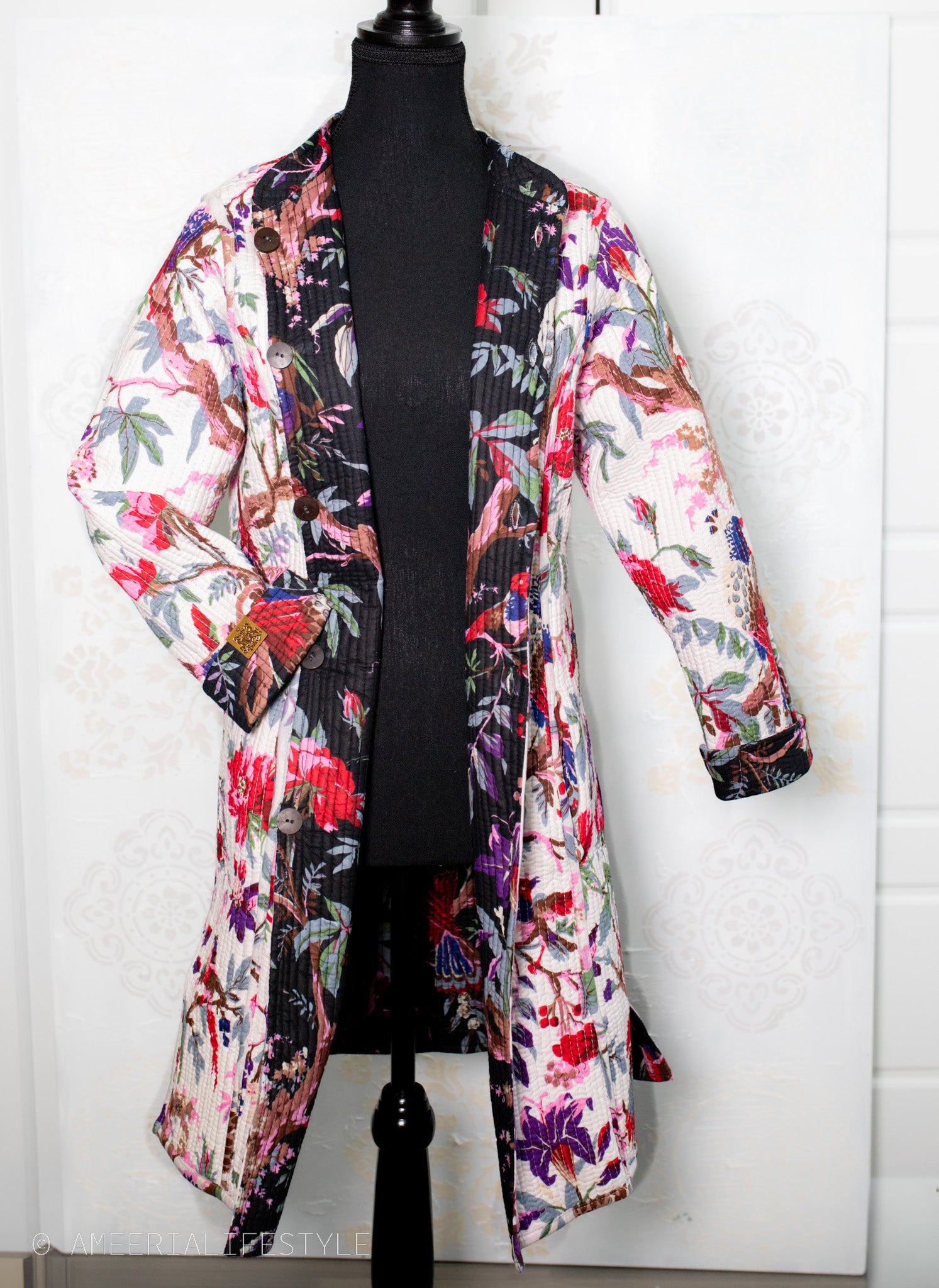 Cotton Quilted Reversible Spring/Fall Jacket - Long - Off white & Black Floral