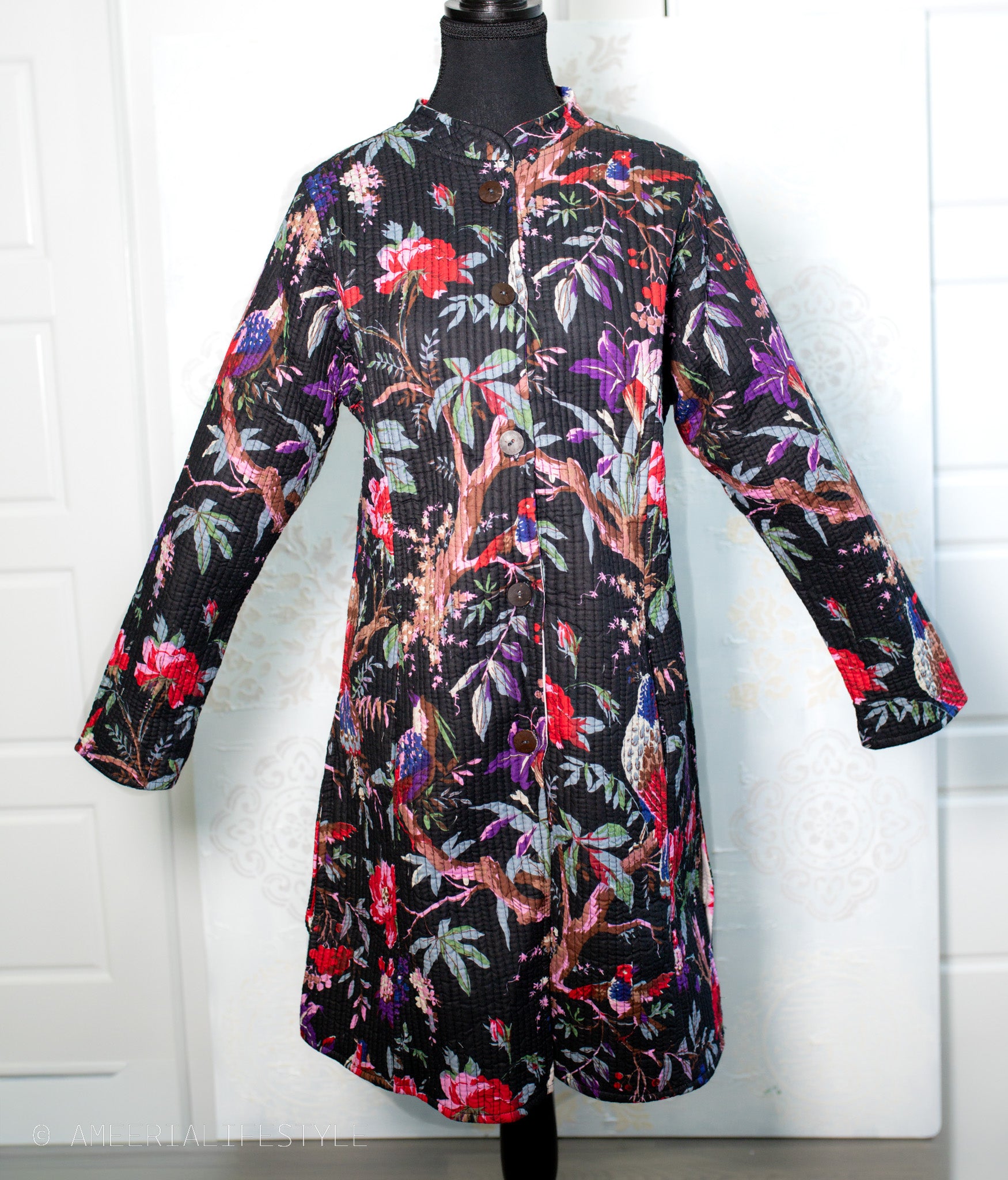 Cotton Quilted Reversible Spring/Fall Jacket - Long - Off white & Black Floral