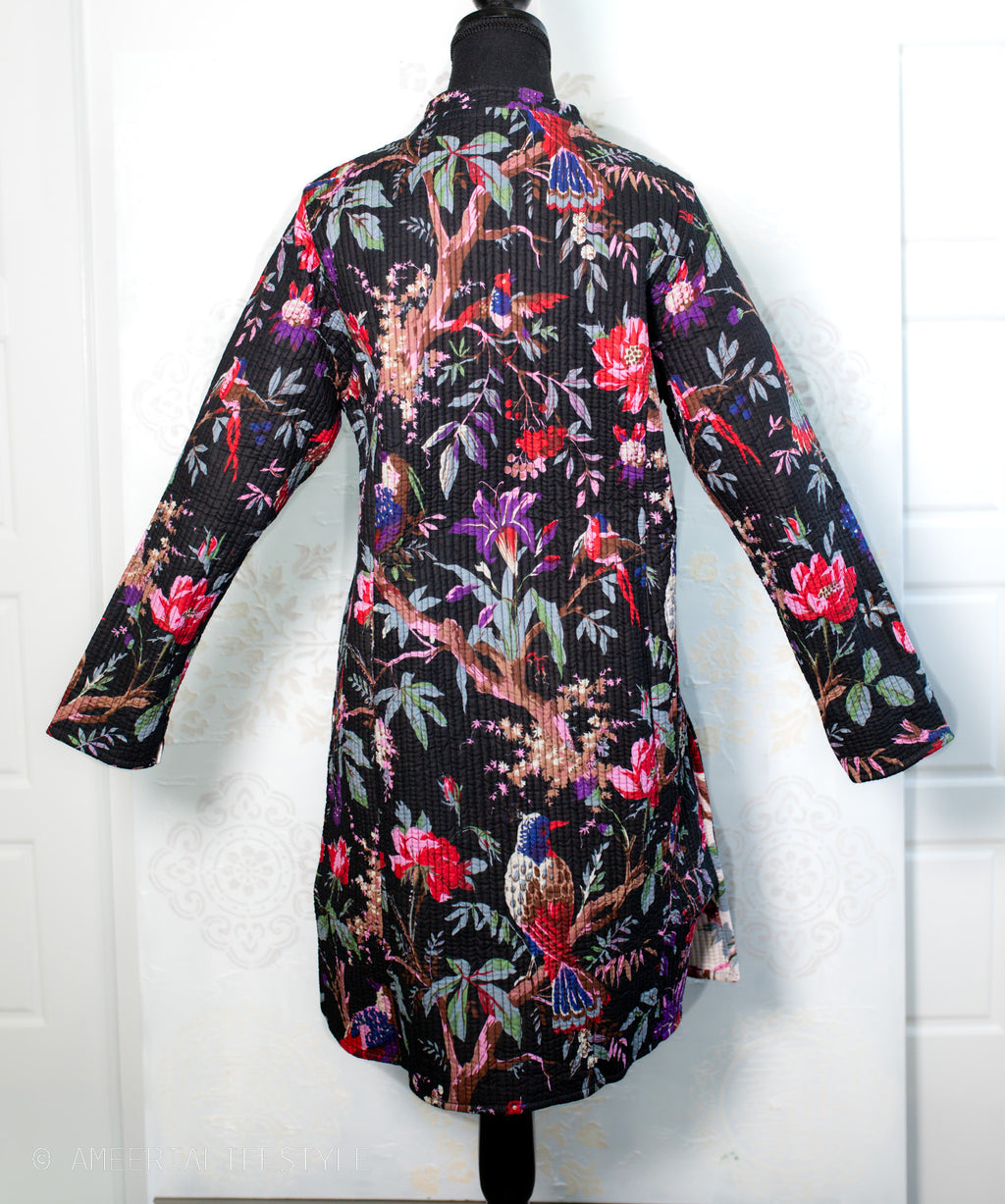 Cotton Quilted Reversible Spring/Fall Jacket - Long - Off white & Black Floral