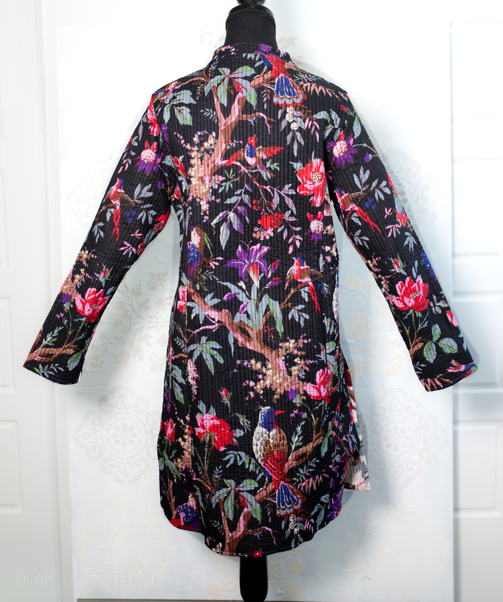 Cotton Quilted Reversible Spring/Fall Jacket - Long - Off white & Black Floral