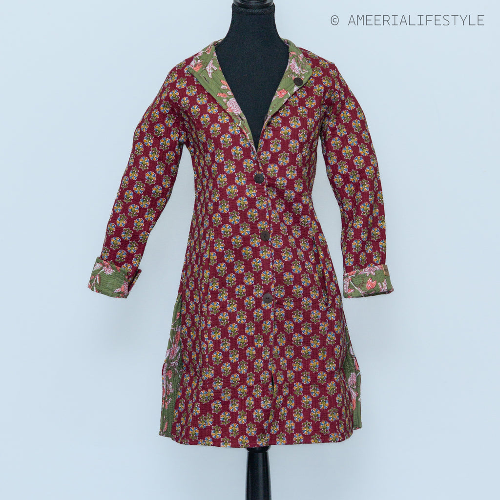Cotton Quilted Reversible Spring/Fall Jacket - Long - Burgundy Medallion & Sage Green Floral