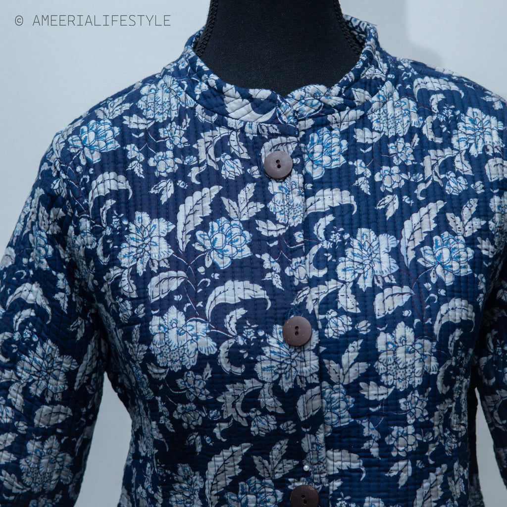 Cotton Quilted Reversible Spring/Fall Jacket - Long - Navy Blue Floral & Light Blue Geometric