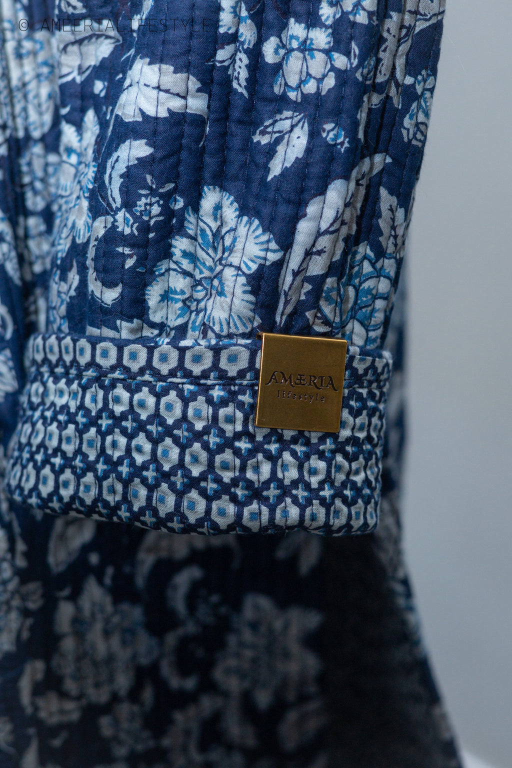 Cotton Quilted Reversible Spring/Fall Jacket - Long - Navy Blue Floral & Light Blue Geometric